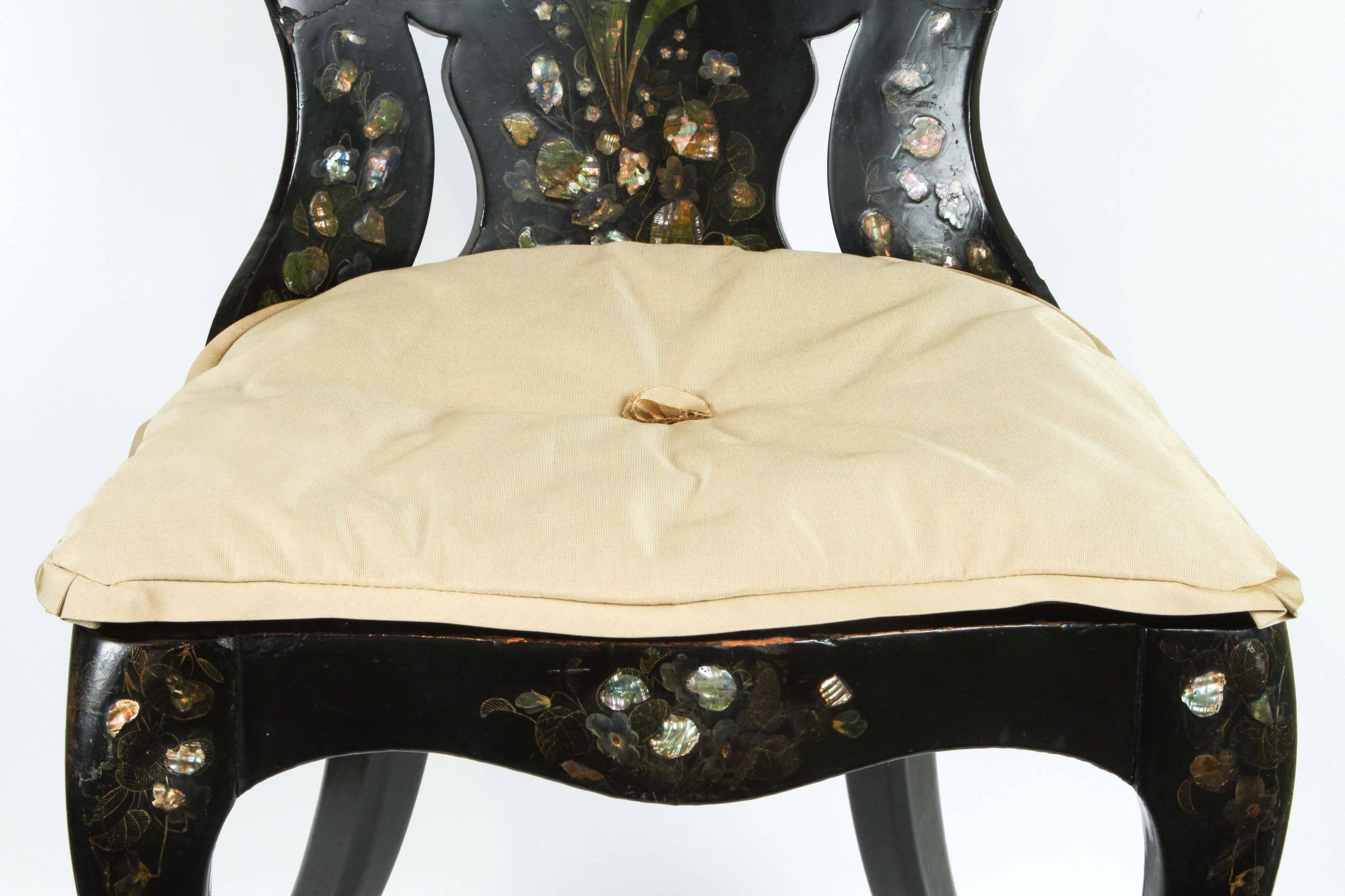 19th Century A Papier-Mache Chair in Black Lacquer with Mother of Pearl Inlay, circa 1850