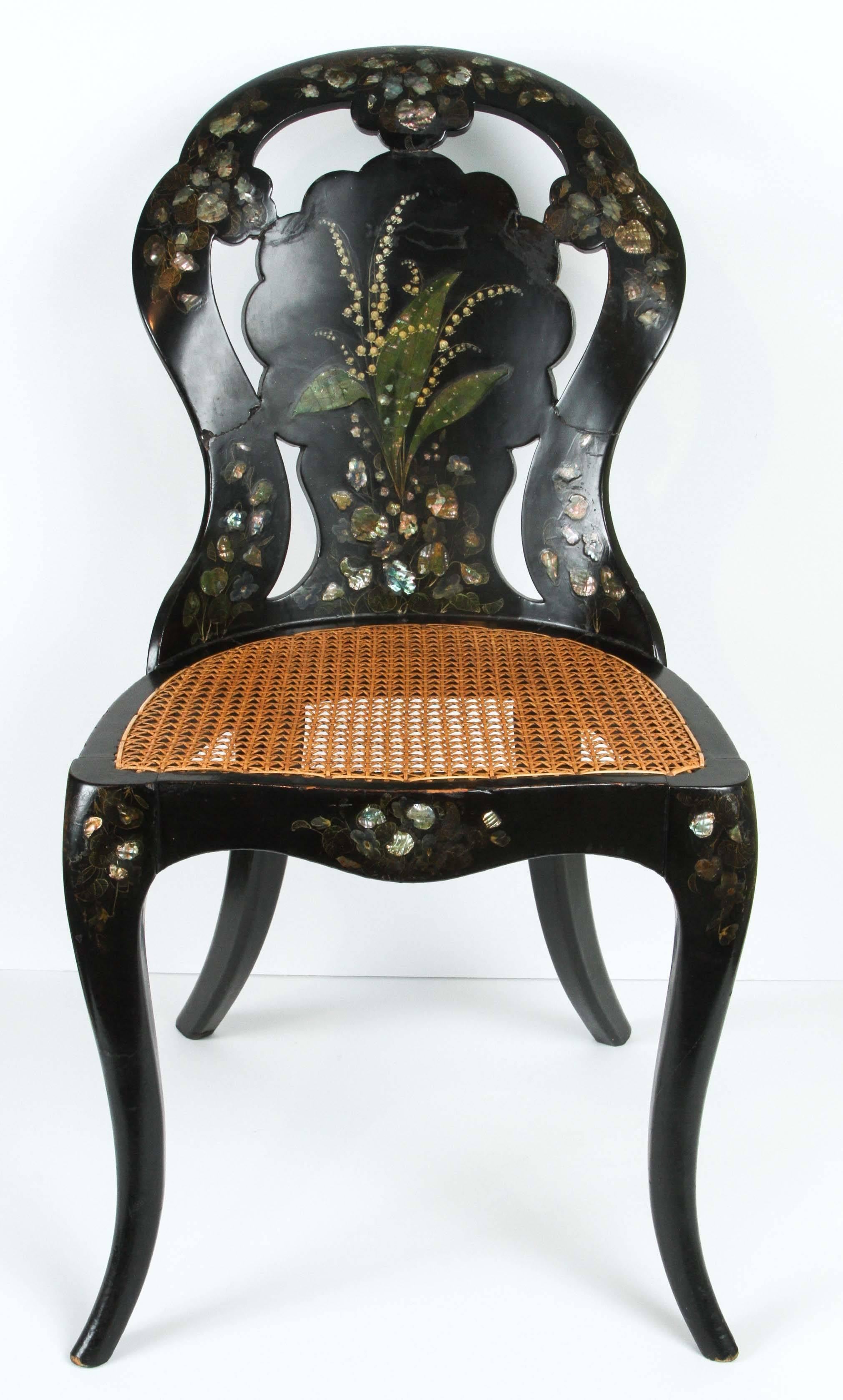 A Papier-Mache Chair in Black Lacquer with Mother of Pearl Inlay, circa 1850 1