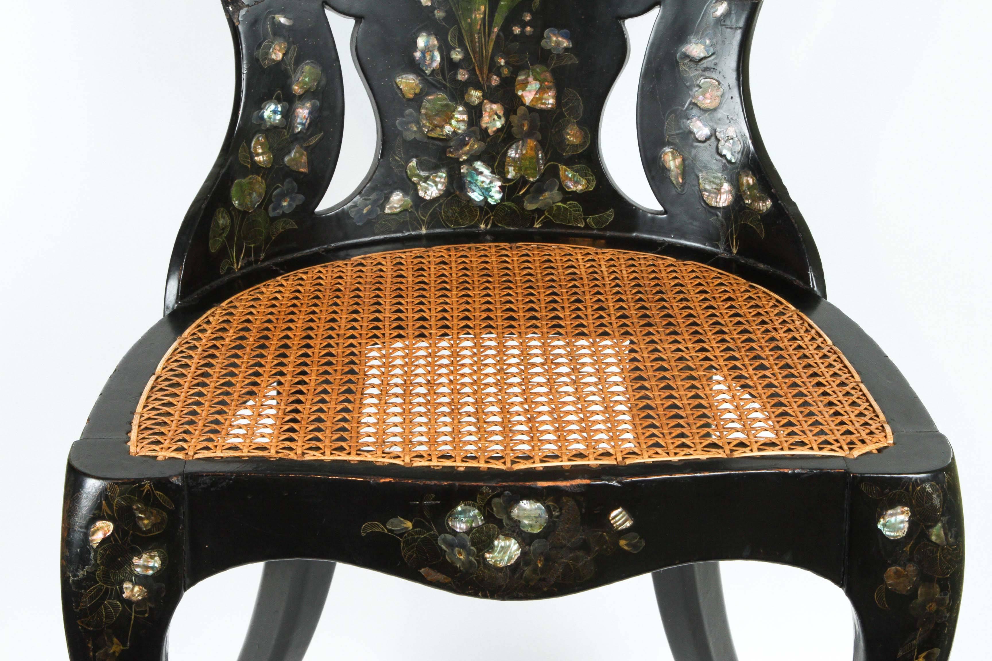 A Papier-Mache Chair in Black Lacquer with Mother of Pearl Inlay, circa 1850 2