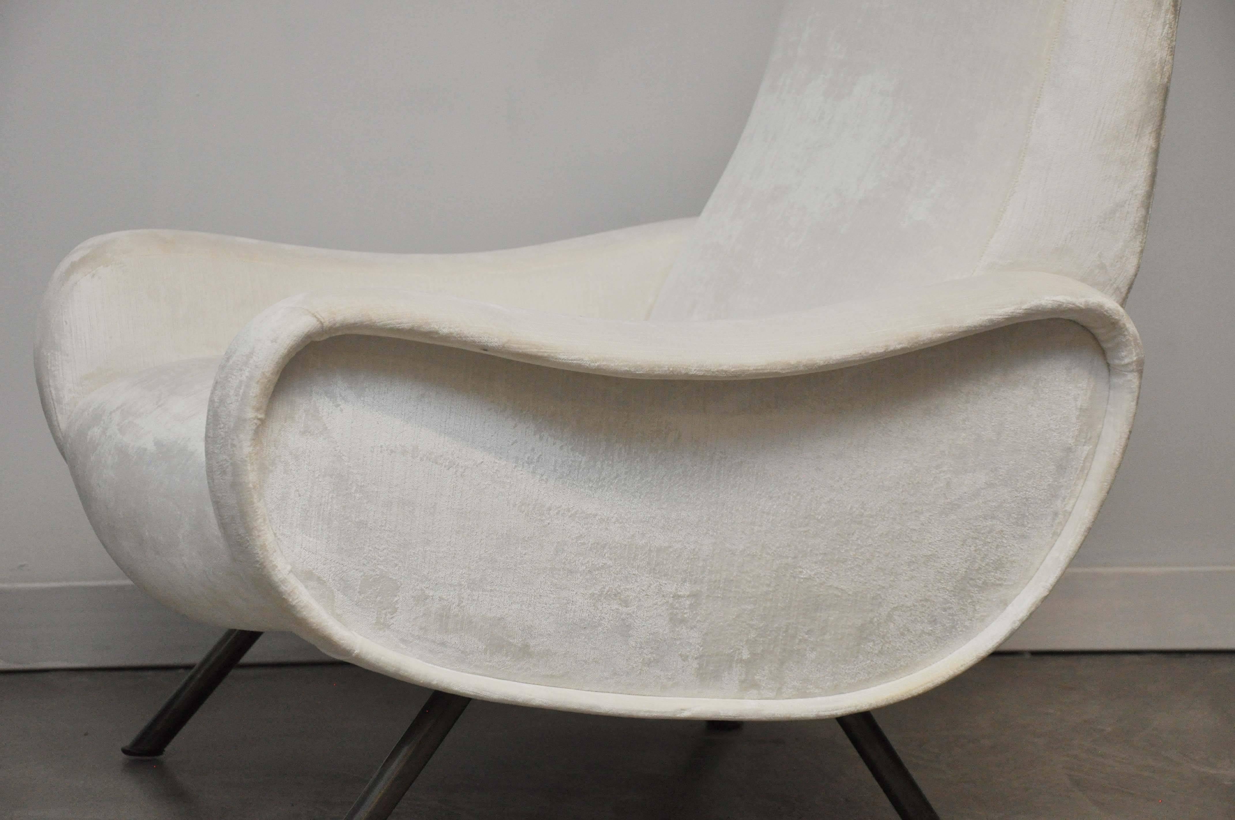 Pair of Lady chairs by Marco Zanuso. Newer white silk velvet upholstery over bronze finish legs.