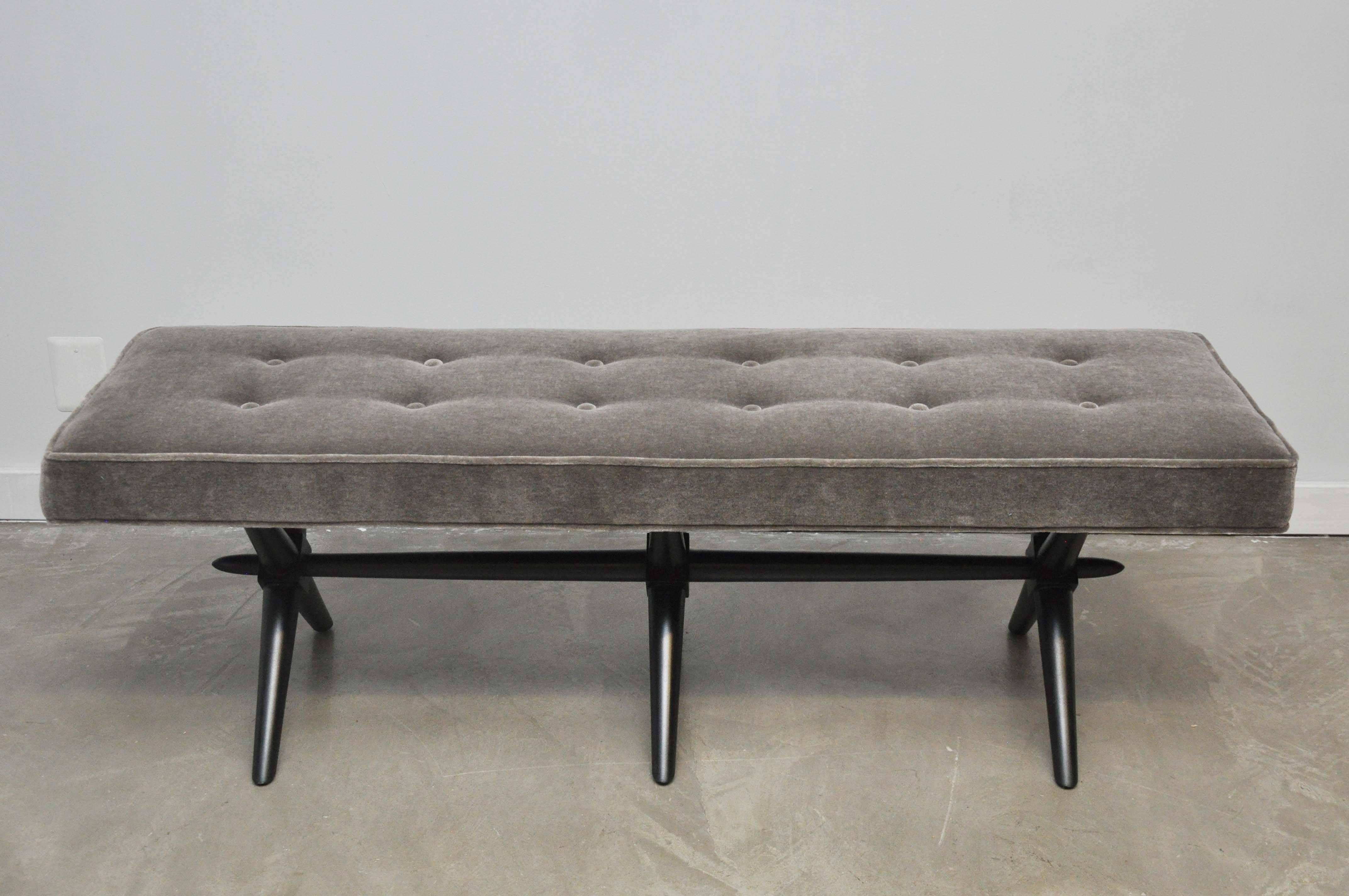 Rare form triple X-base bench by T.H. Robsjohn-Gibbings. Original ebonized base with new mohair cushion.