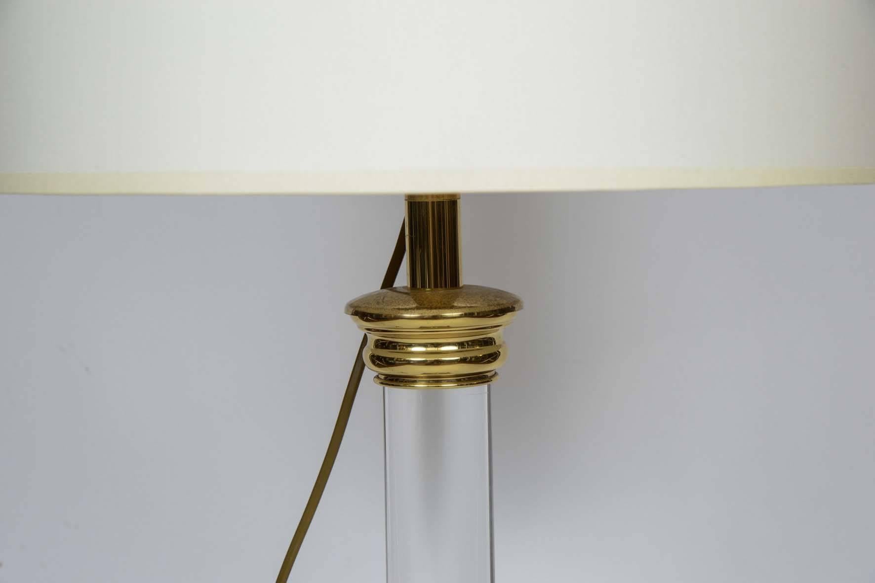 Mid-Century Modern Maison Le Dauphin Lucite and Brass Column Table Lamps