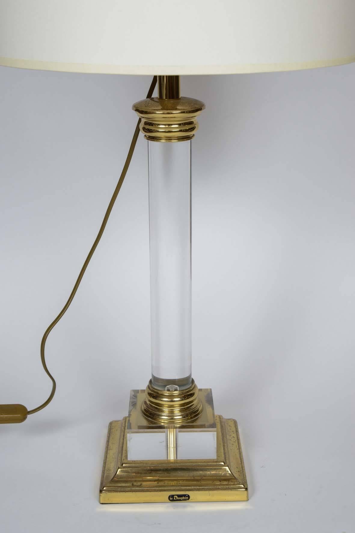 French Maison Le Dauphin Lucite and Brass Column Table Lamps
