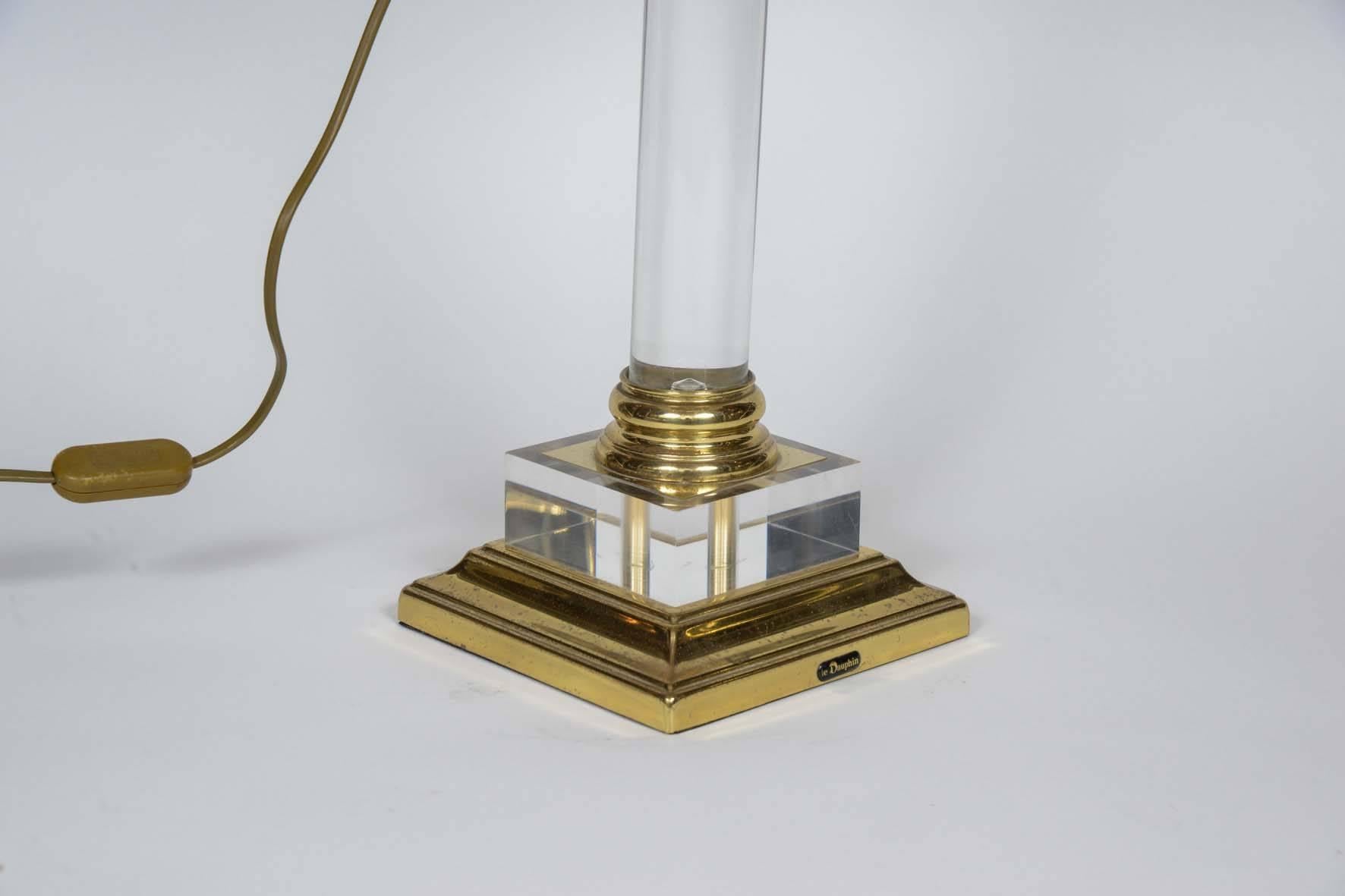 Late 20th Century Maison Le Dauphin Lucite and Brass Column Table Lamps