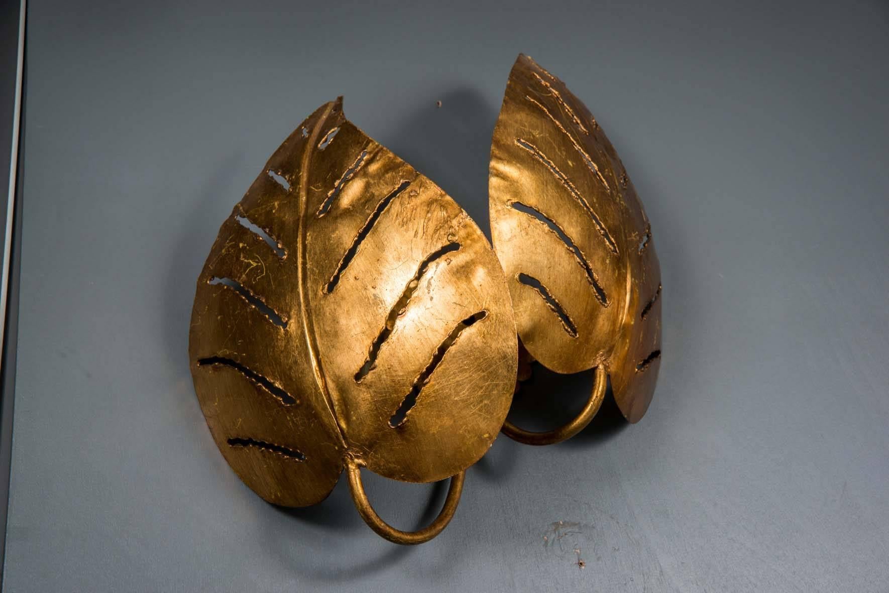 Mid-Century Modern Pair of Golden Leaves Brutalist Wall Sconces