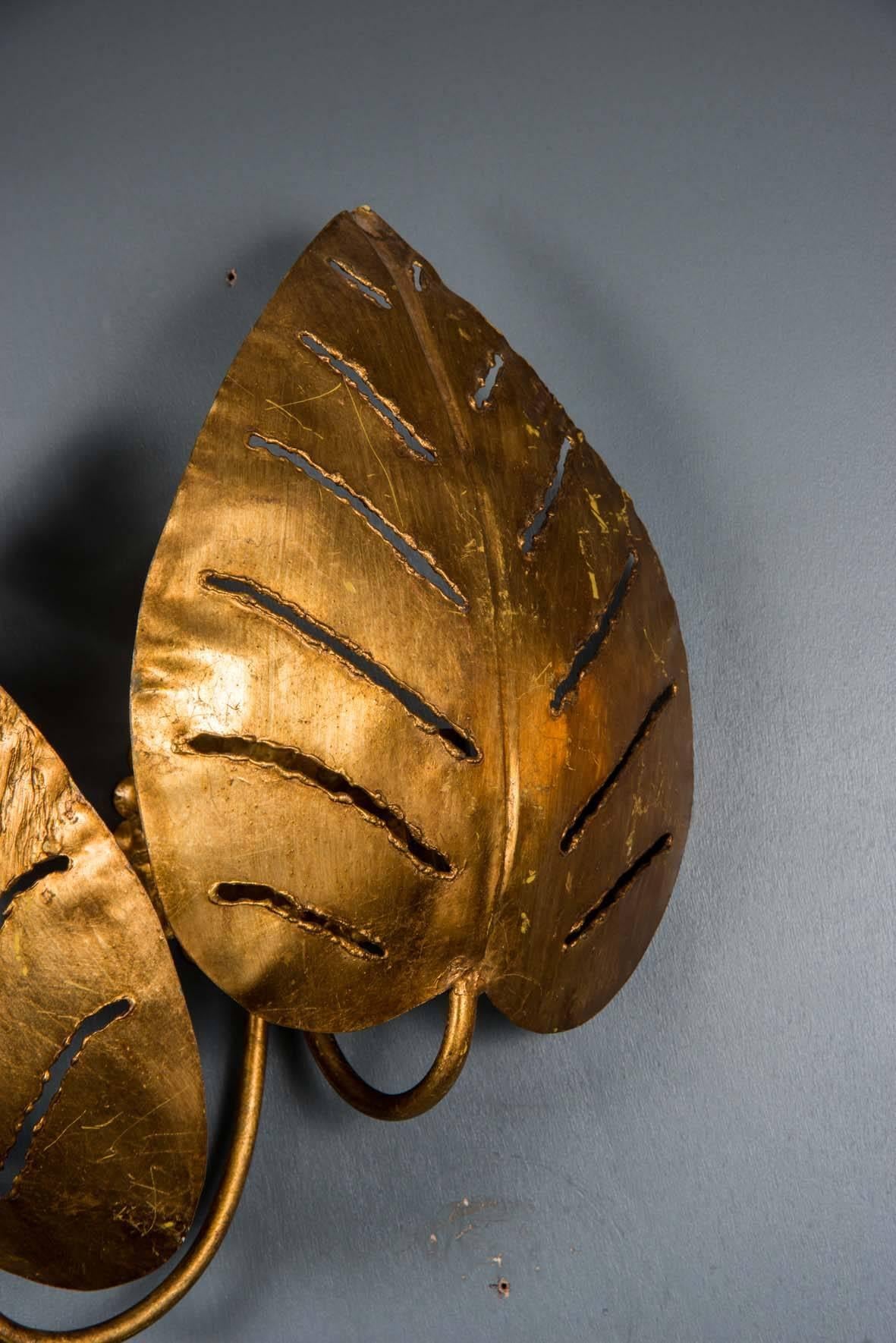 French Pair of Golden Leaves Brutalist Wall Sconces