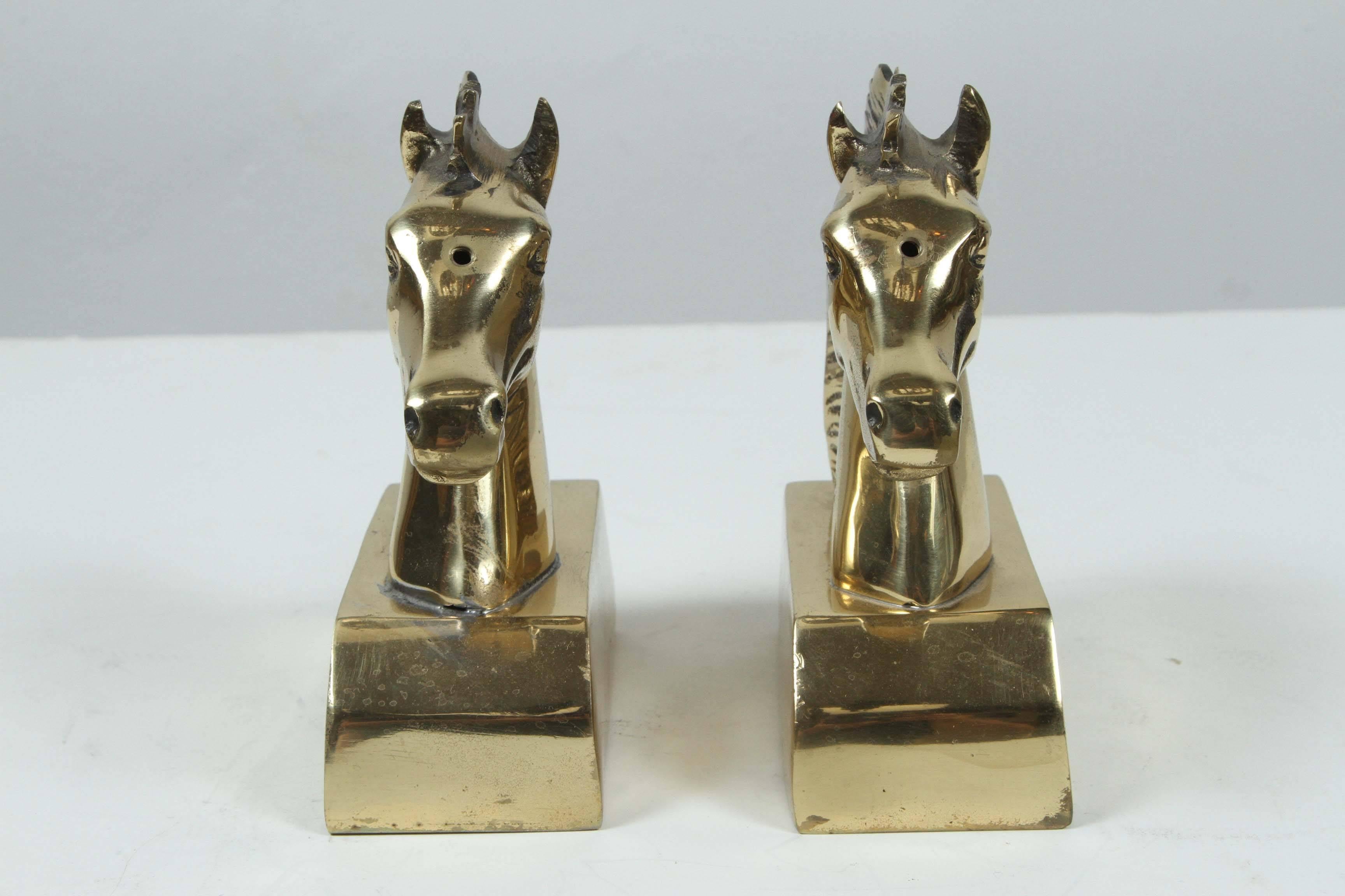 20th Century Polished Brass Horse Heads Bookends Paperweights