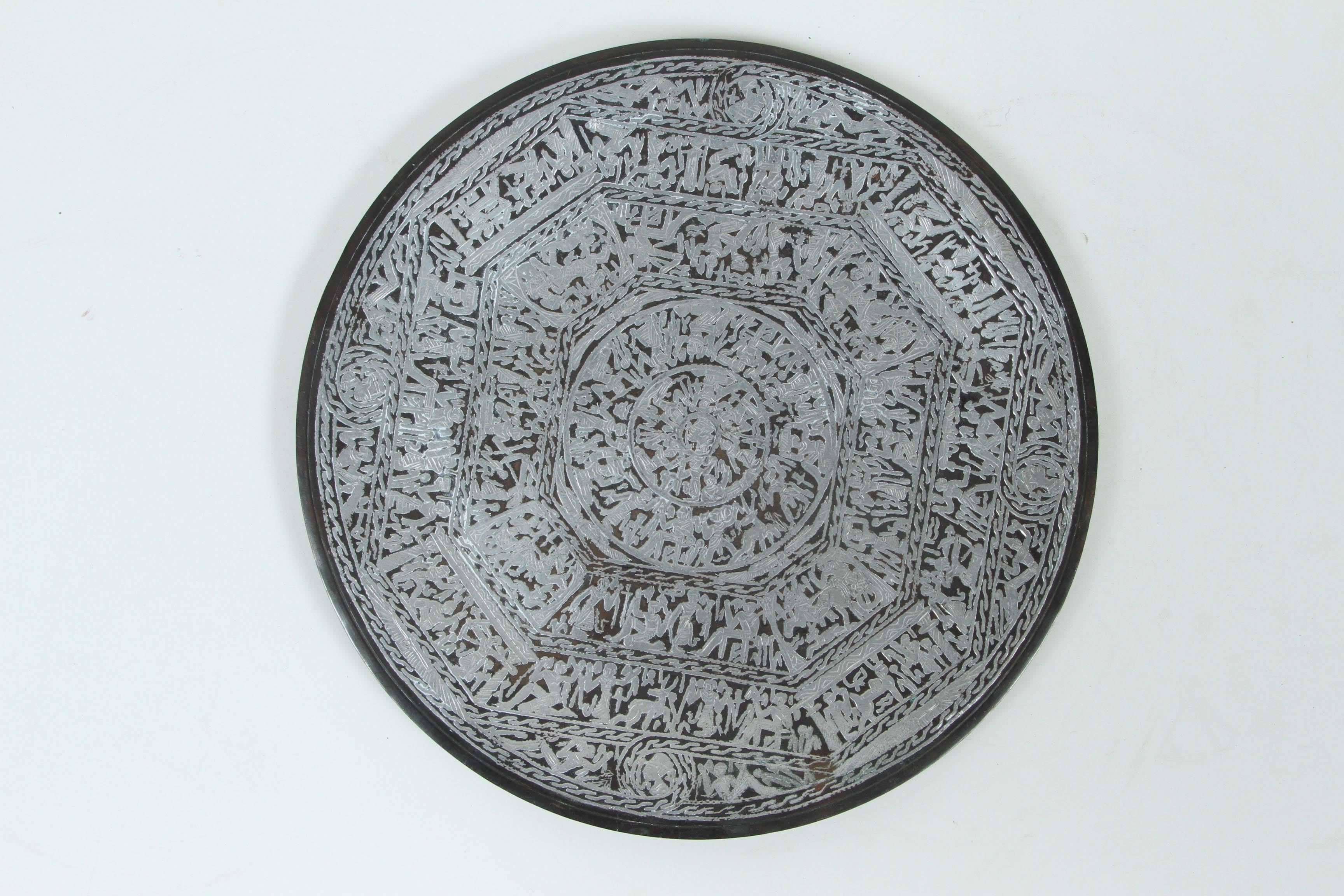 Blackened Egyptian Revival Brass Tray Overlay with Silver Designs and Hieroglyphics