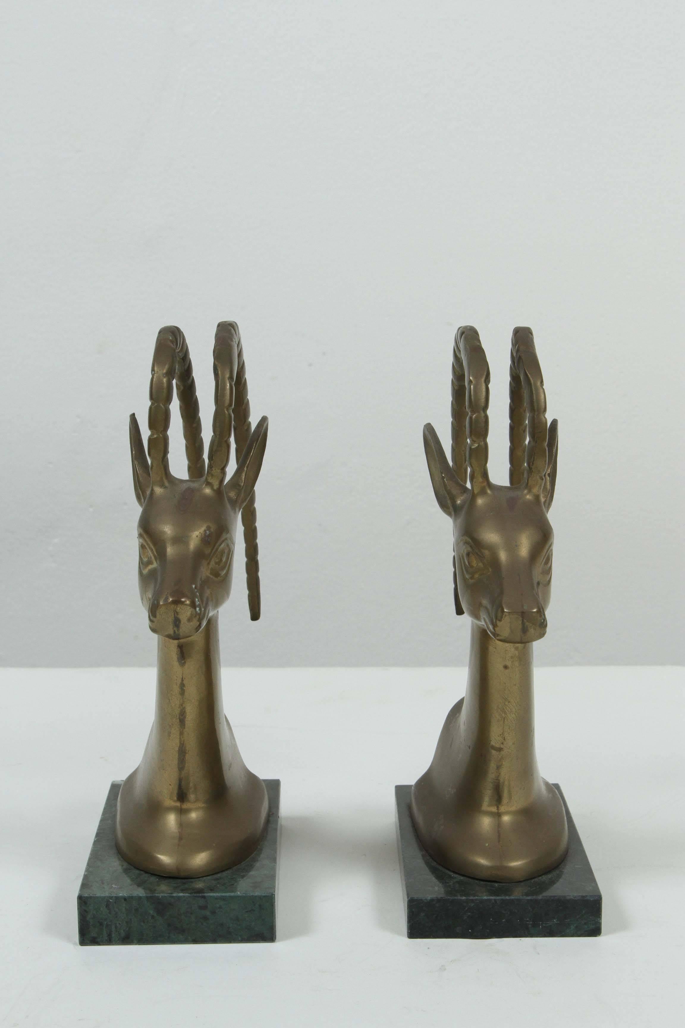 Mid-Century Modern Set of Vintage Brass on Marble Antelope Bookends