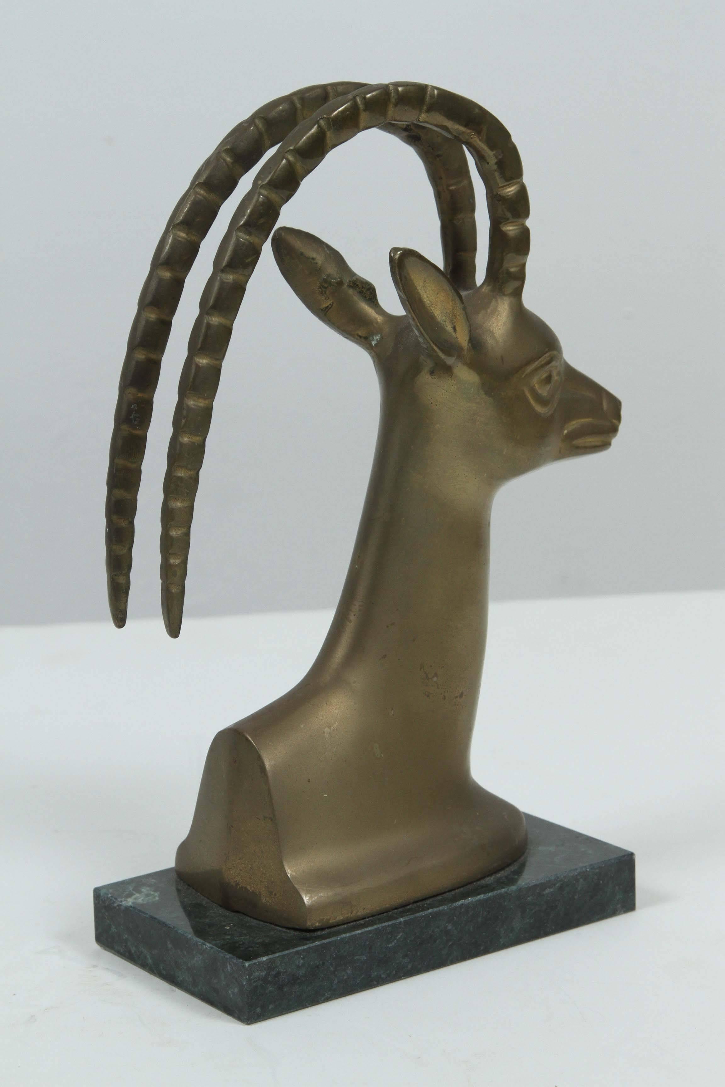 Hand-Carved Set of Vintage Brass on Marble Antelope Bookends