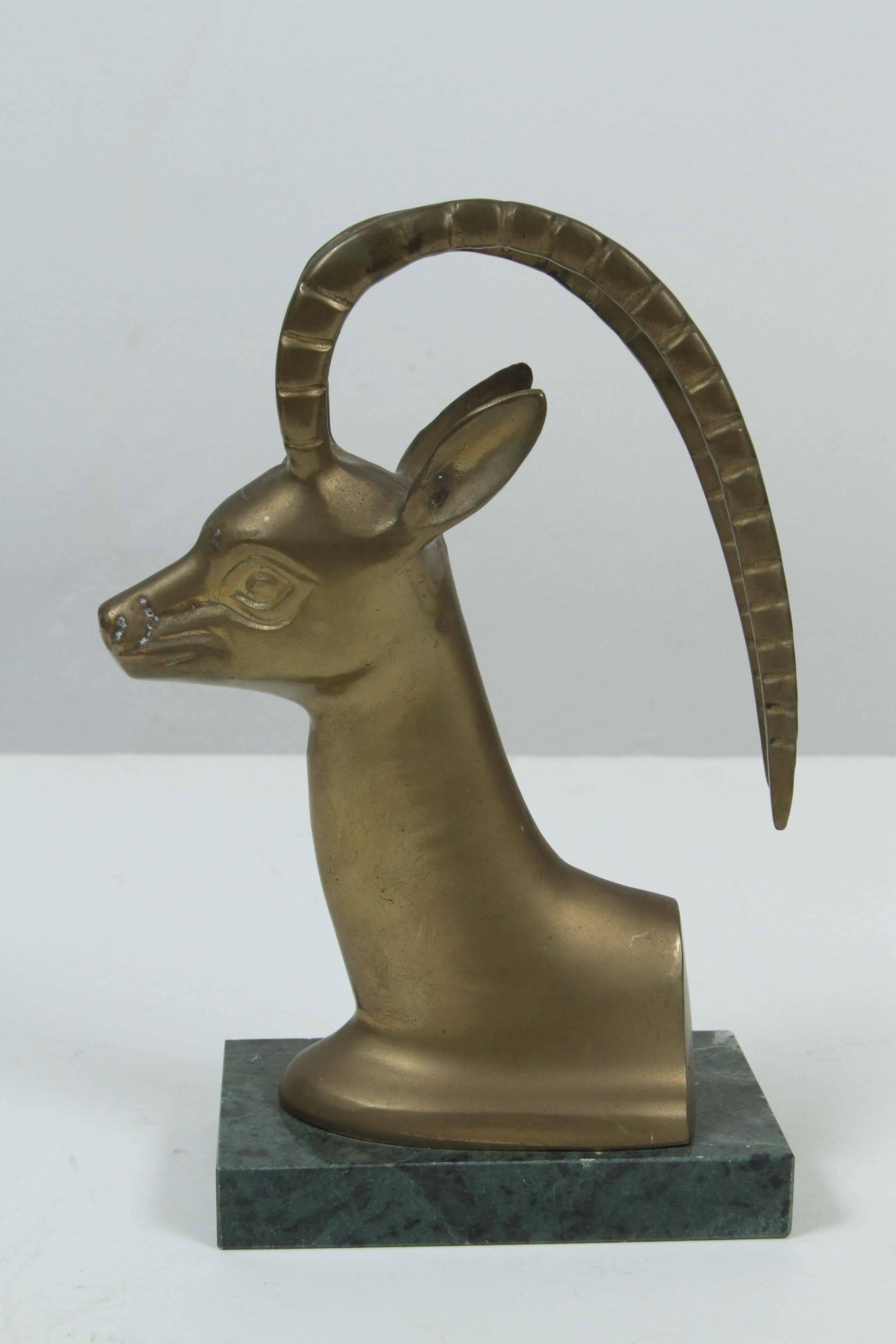 20th Century Set of Vintage Brass on Marble Antelope Bookends