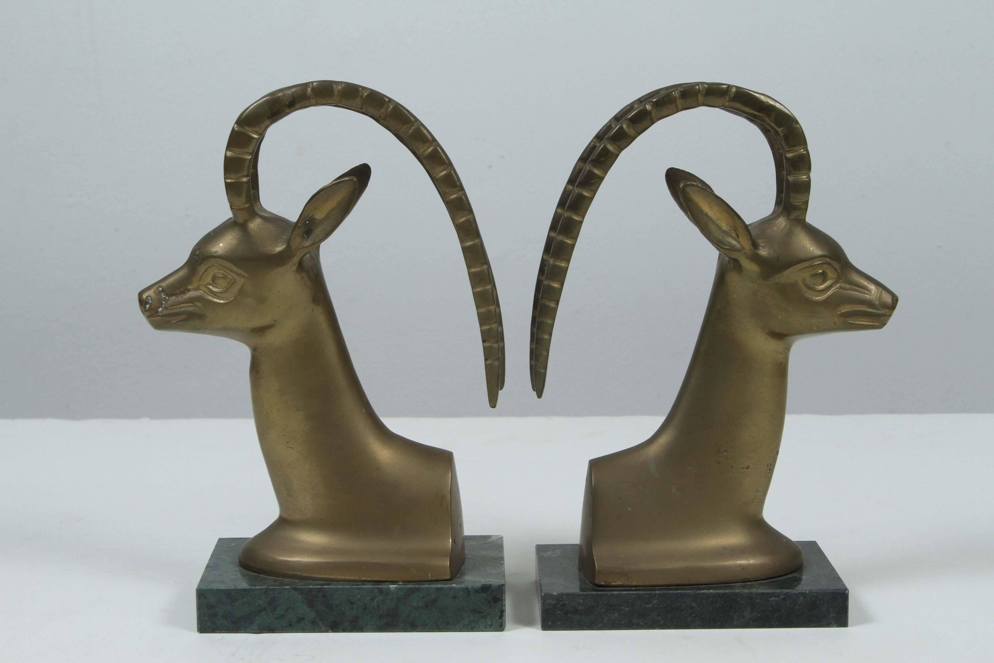 Set of Vintage Brass on Marble Antelope Bookends 1