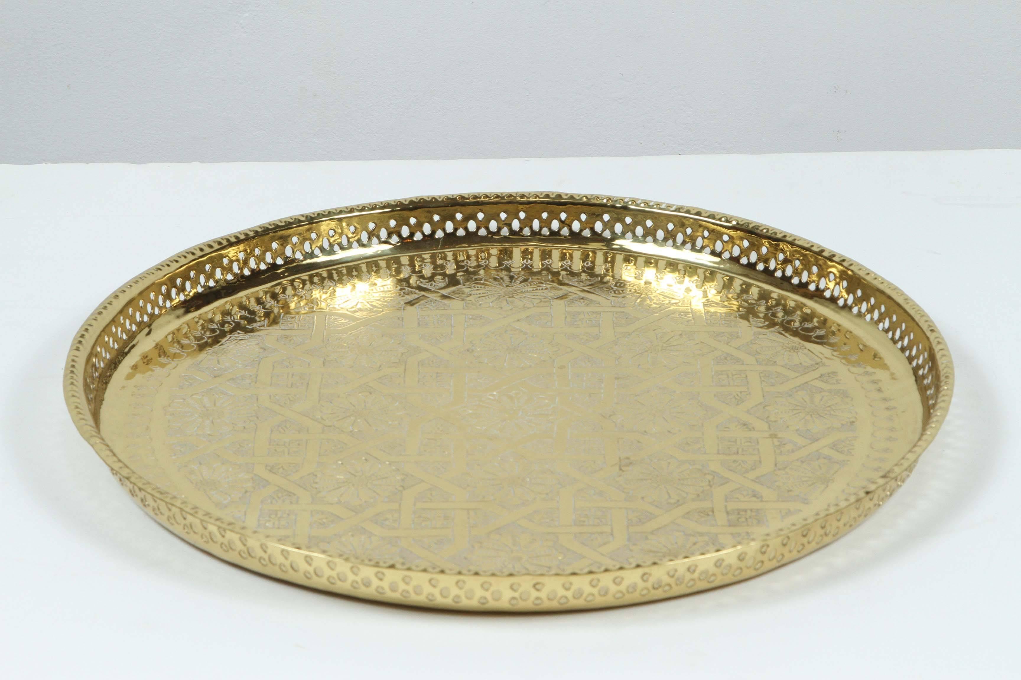 Hammered Moroccan Moorish Polished Round Brass Tray