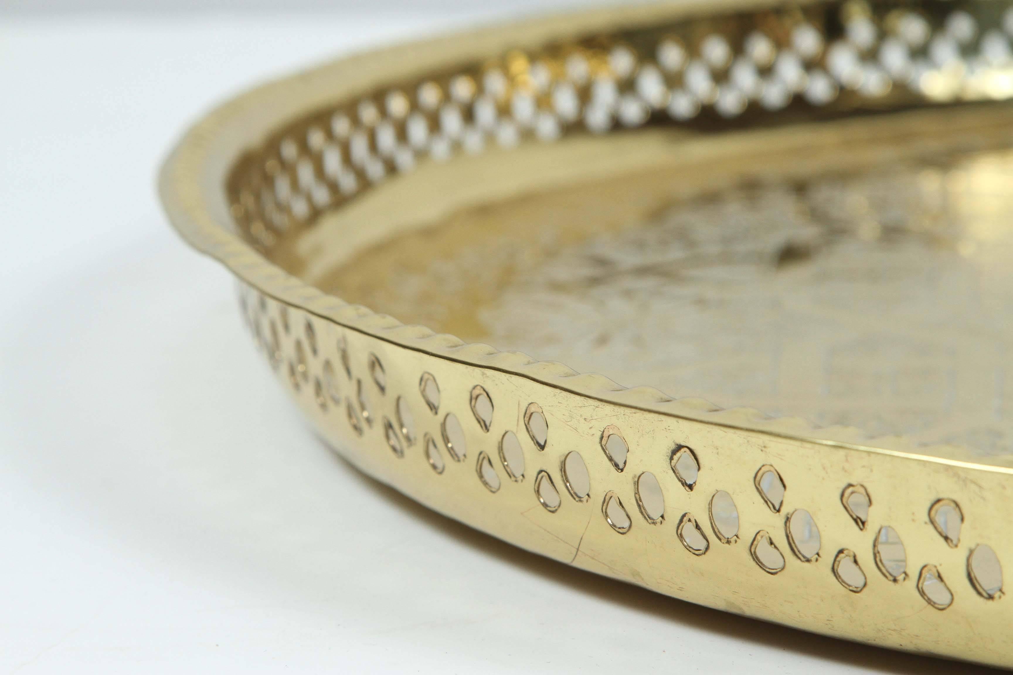 20th Century Moroccan Moorish Polished Round Brass Tray