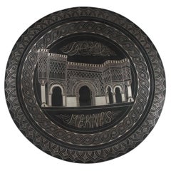 Moroccan Hand Chased Black Metal Tray in Moorish Style, 20th Century