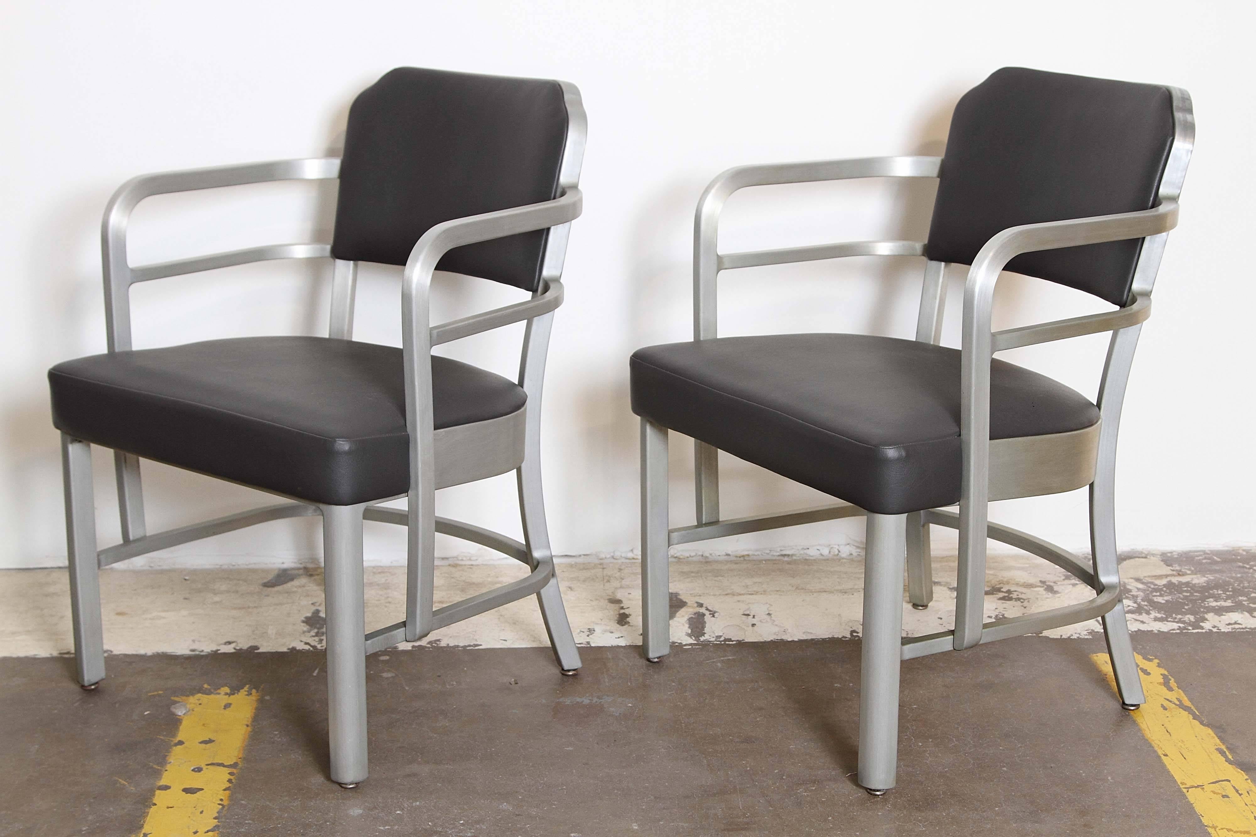 Extreme Machine Age Art Deco GoodForm Armchairs Lounge Chairs
Brushed Aluminum, Leather, good form

Original brushed finish lightly polished, recovered in charcoal grey leather.
Vintage general fireproofing GoodForm metal tags.
Uncommon splayed back