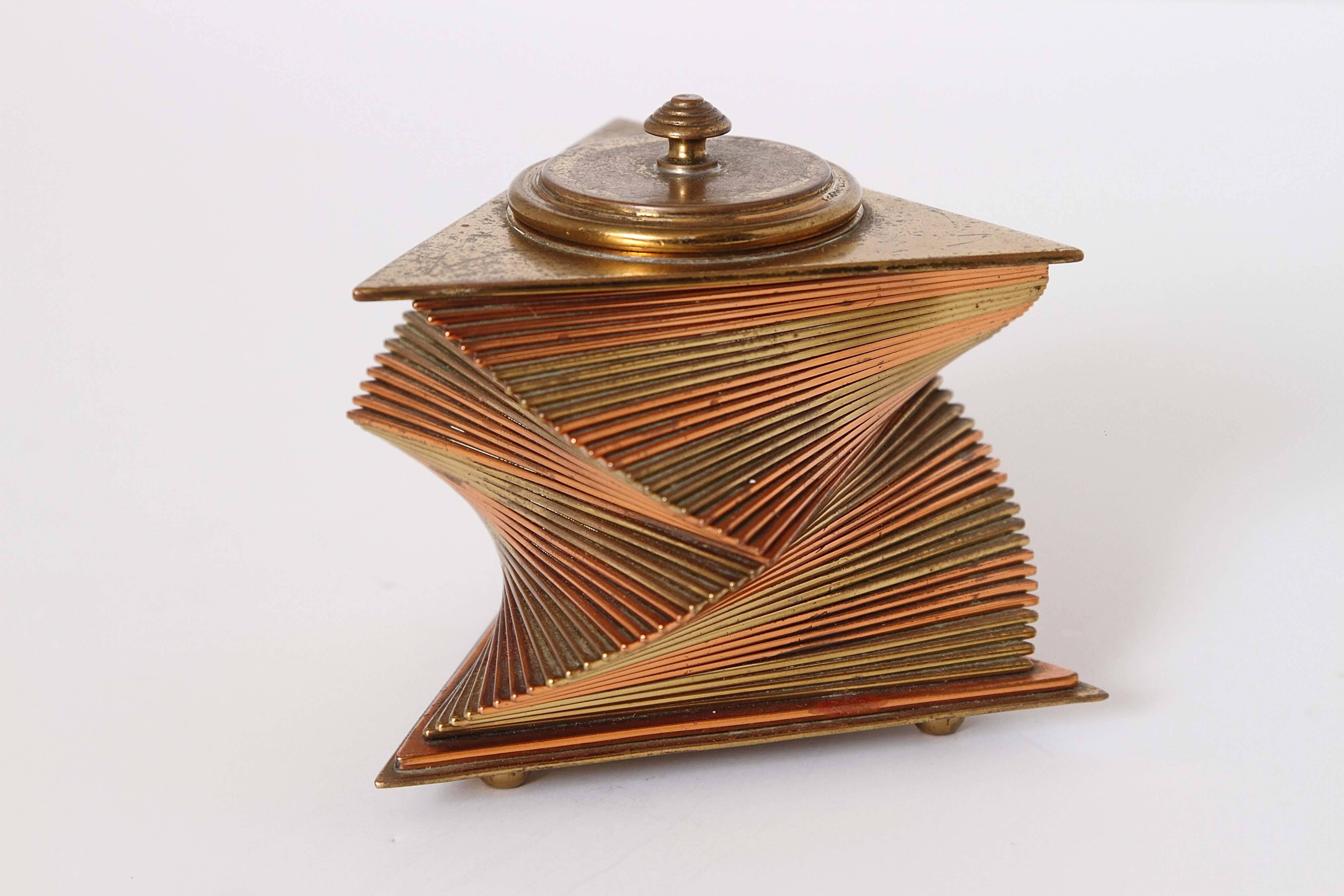 Otar Machine Age Art Deco Mixed-Metal Lidded Box, Brass and Copper In Good Condition In Dallas, TX