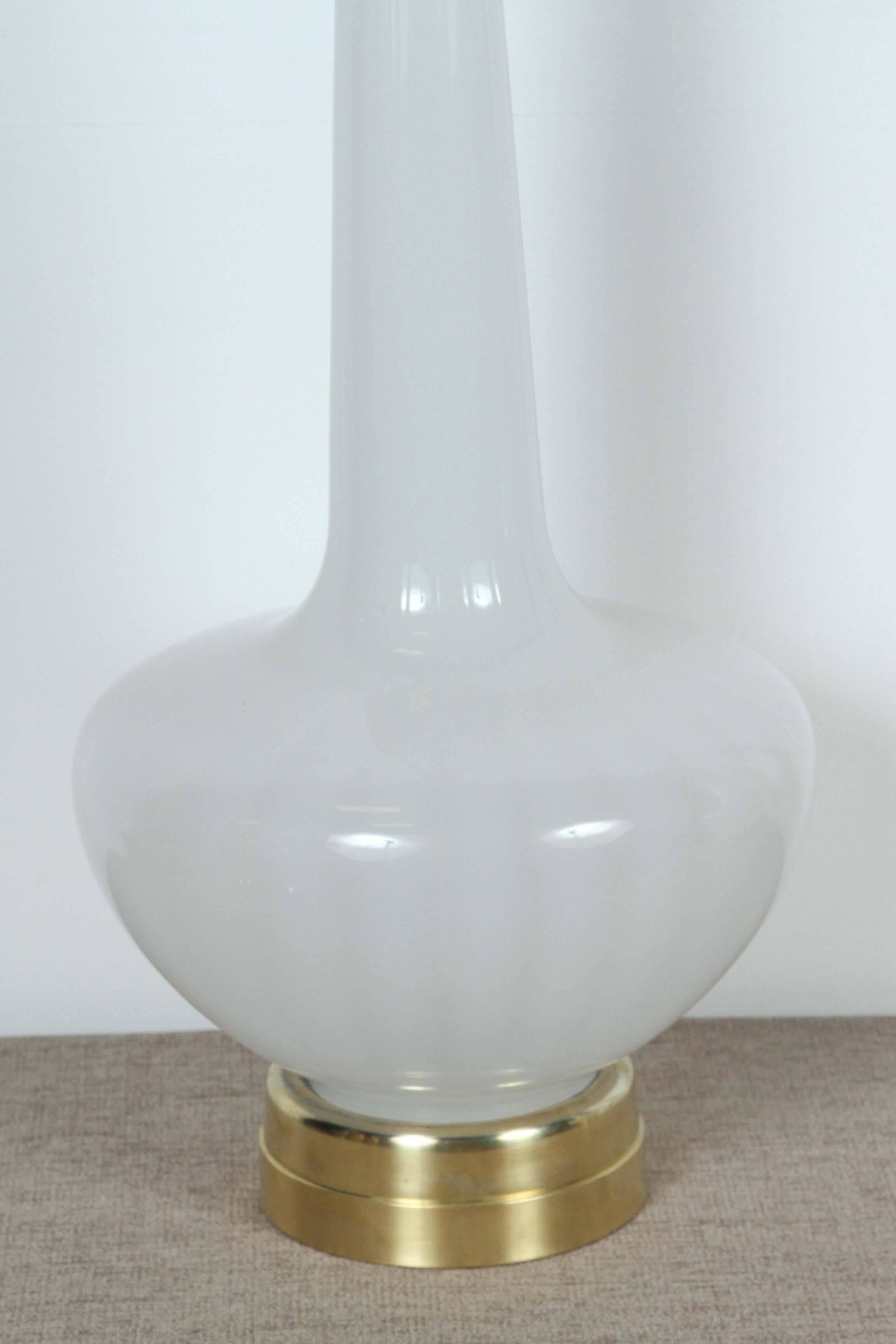 Brass Pair of Large White Murano Glass Lamps