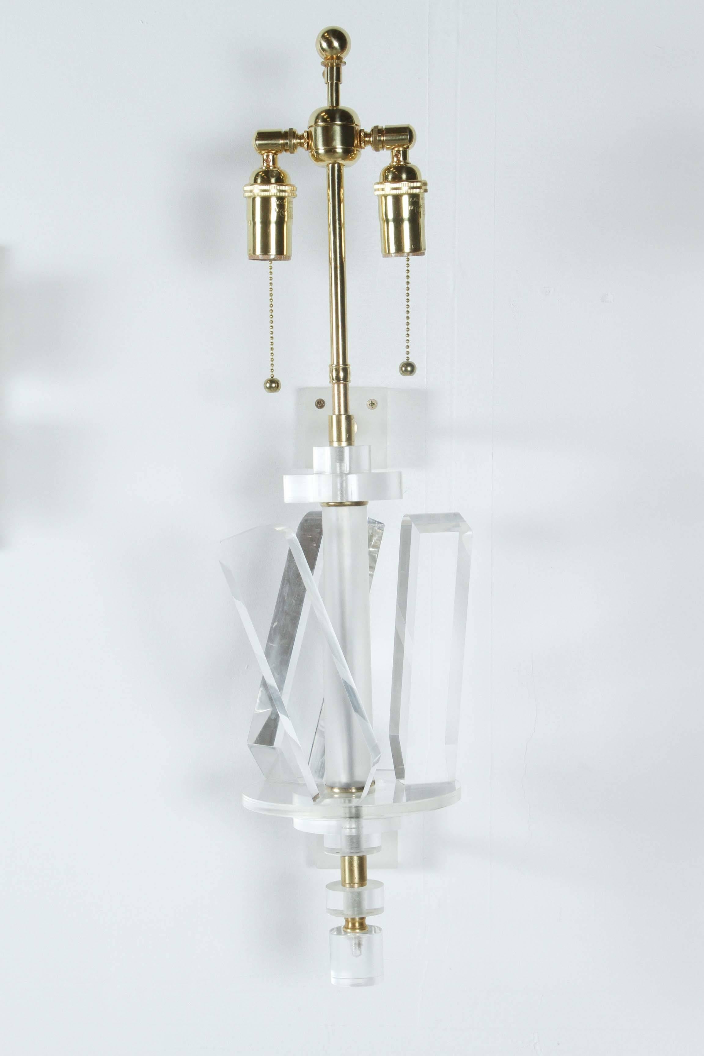 Pair of Stunning Lucite and Brass Sconces 2