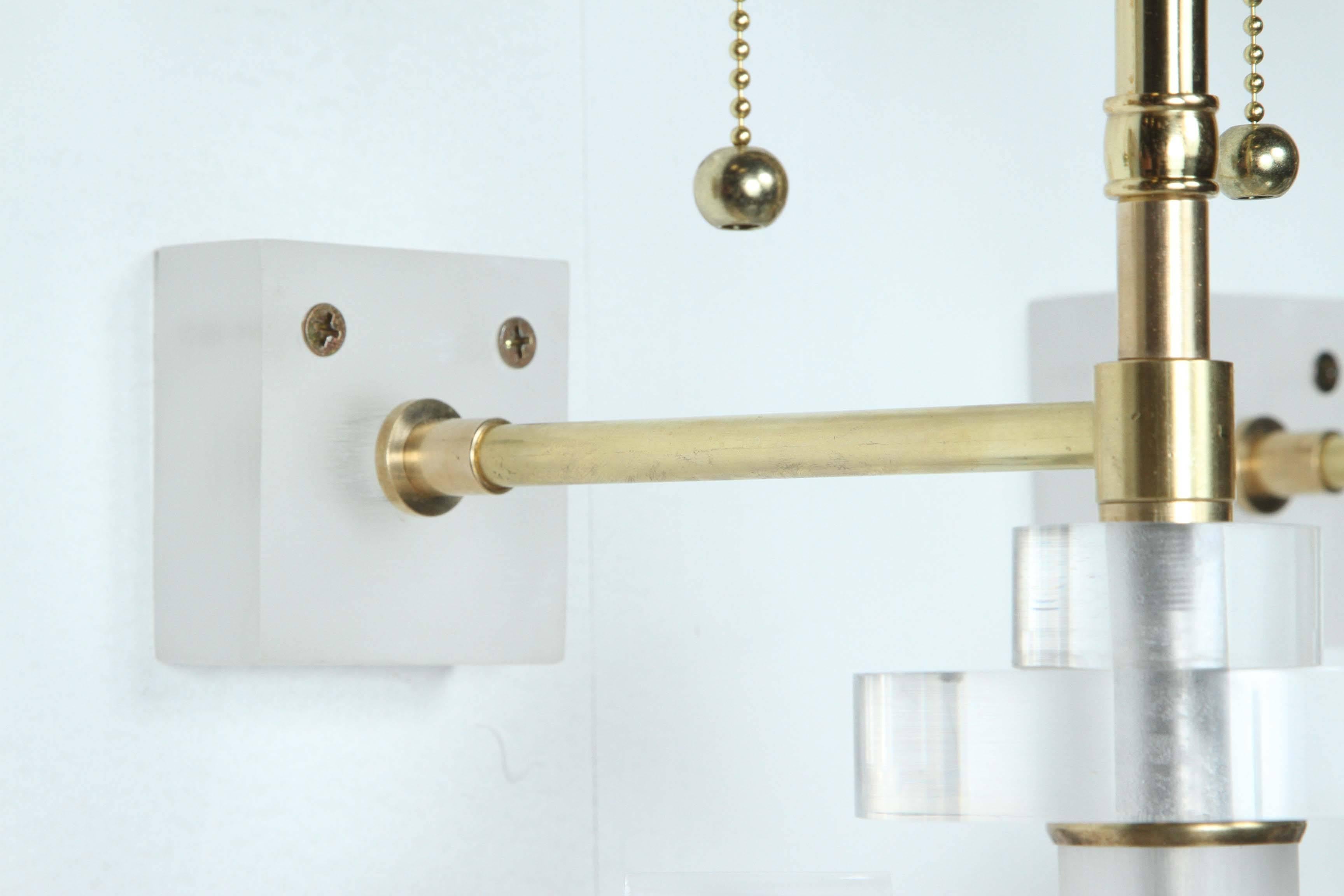 American Pair of Stunning Lucite and Brass Sconces