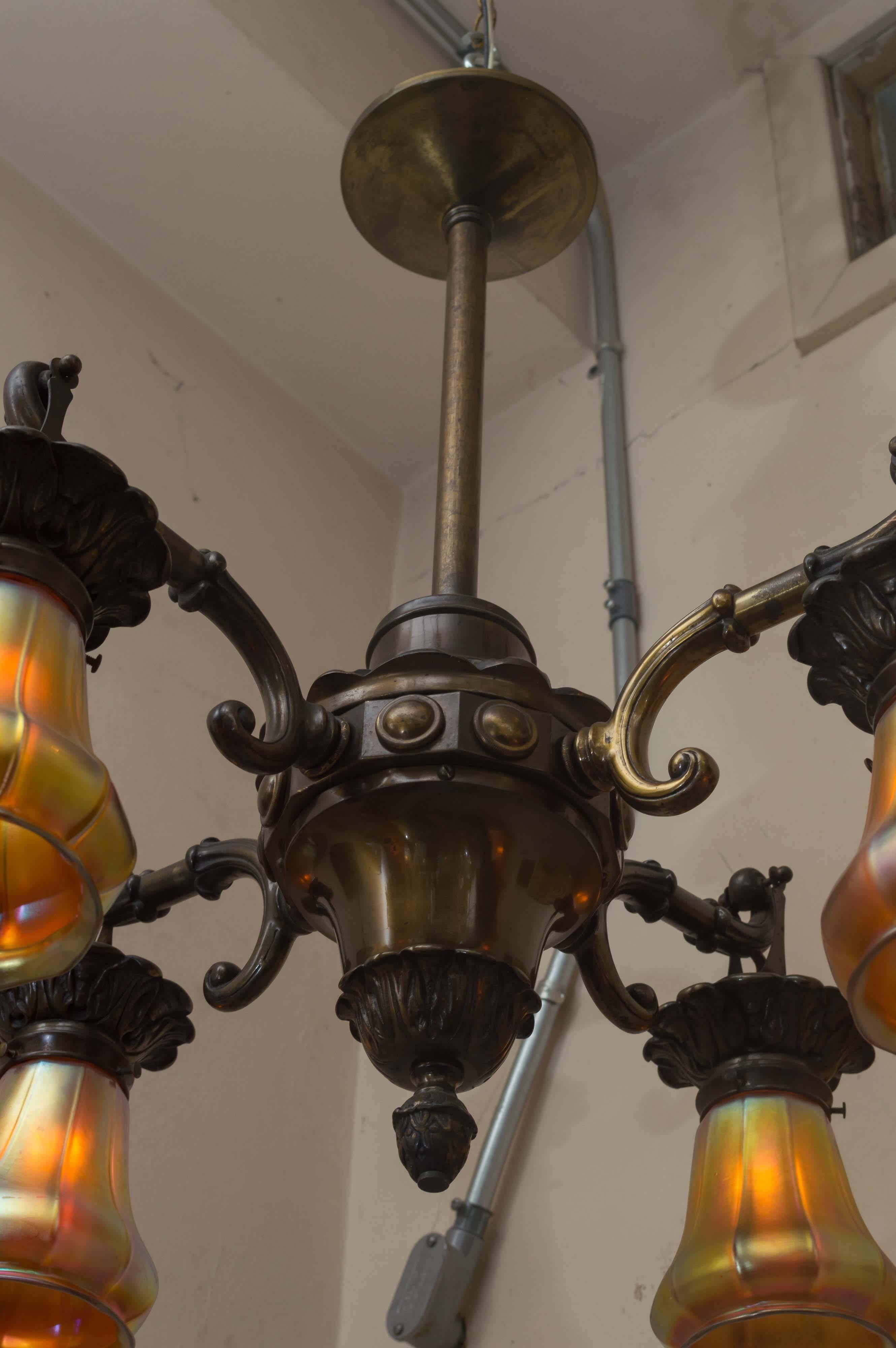 Four-Arm Edwardian Bronze Chandelier with Period Steuben Glass Shades In Excellent Condition In Petaluma, CA