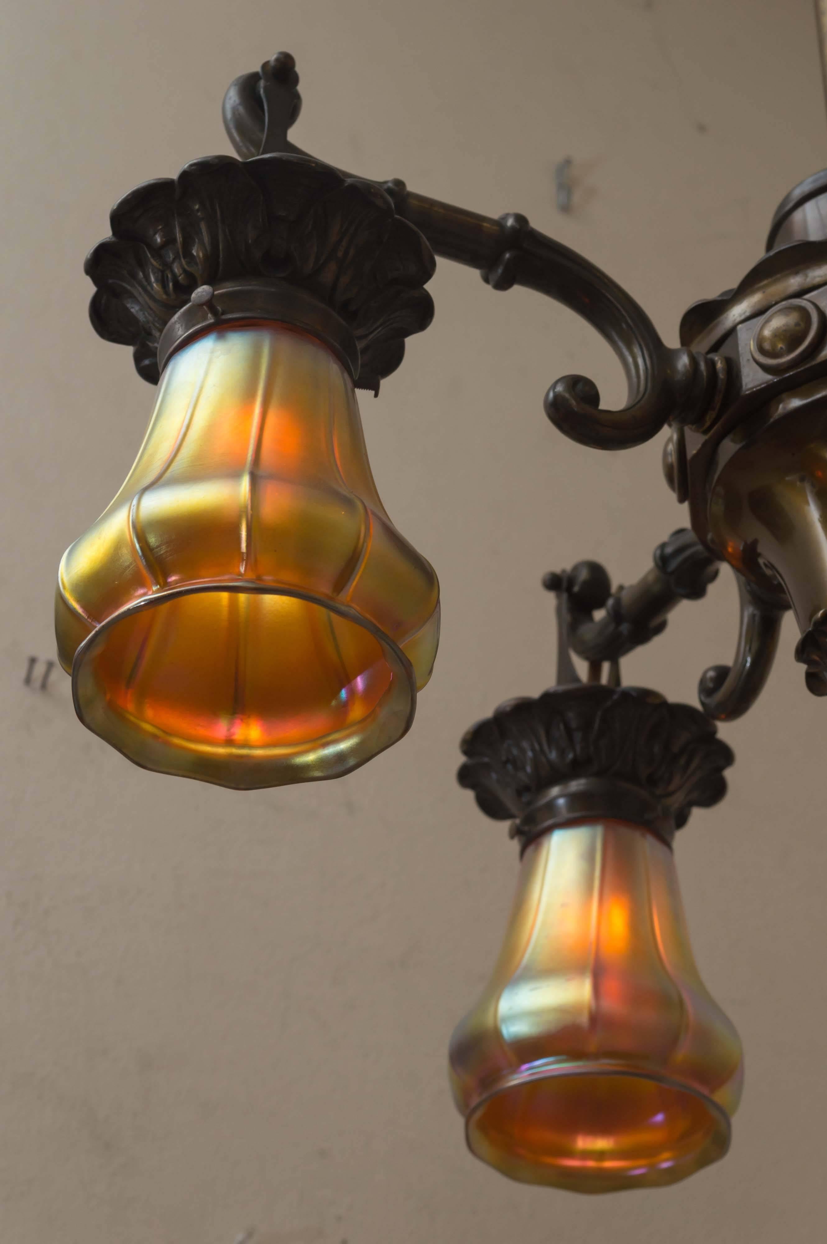 Early 20th Century Four-Arm Edwardian Bronze Chandelier with Period Steuben Glass Shades