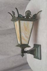 Pair of Bronze and Slag Glass Outdoor Sconces