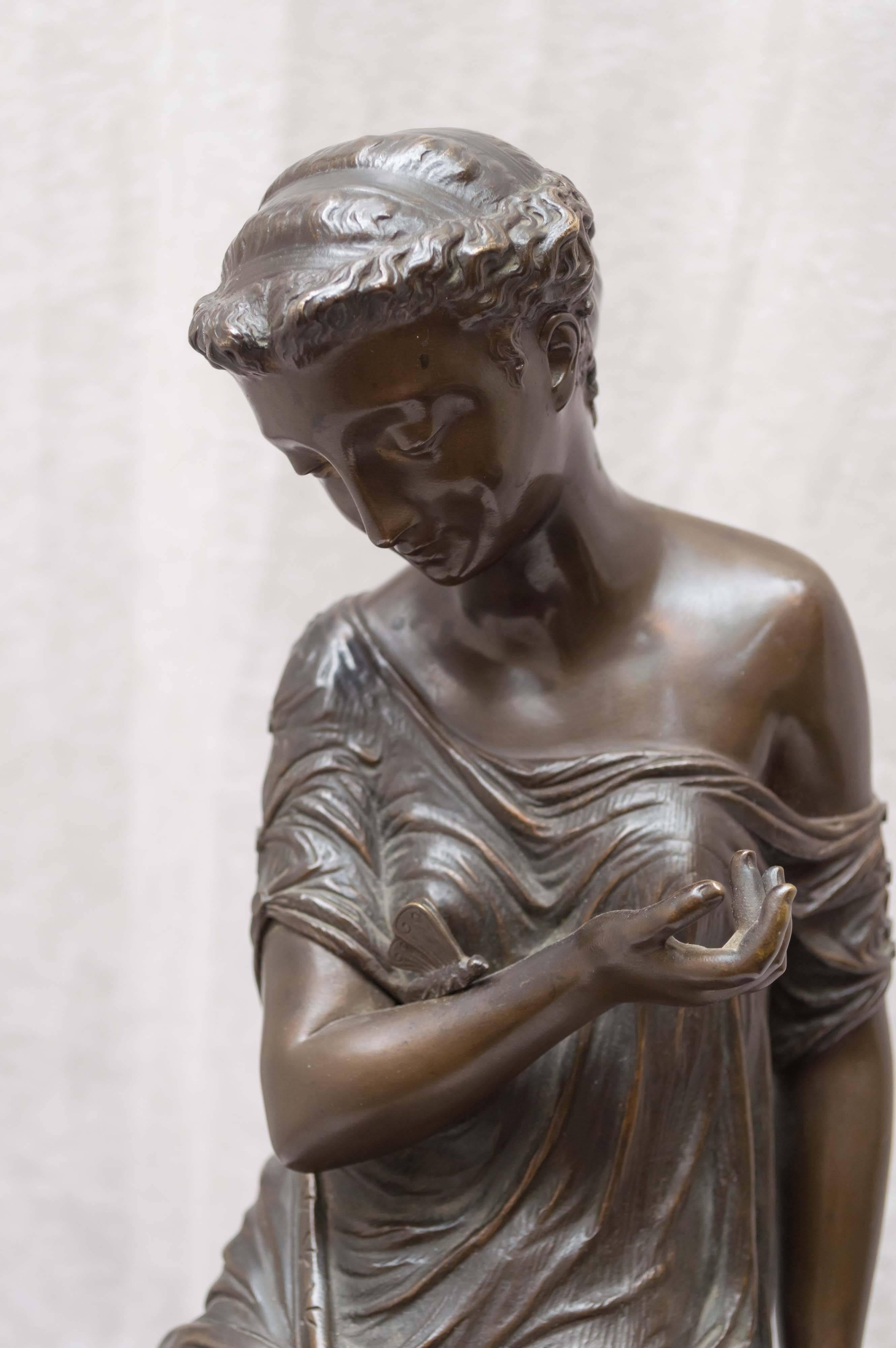This captivating bronze is a fine example of the beauty of neoclassical design. Her flowing gown and innocent look are just two of the characteristics of this sought after style. Artist signed J.C.deBlezer.
Joseph-Charles deBlezer was born in
