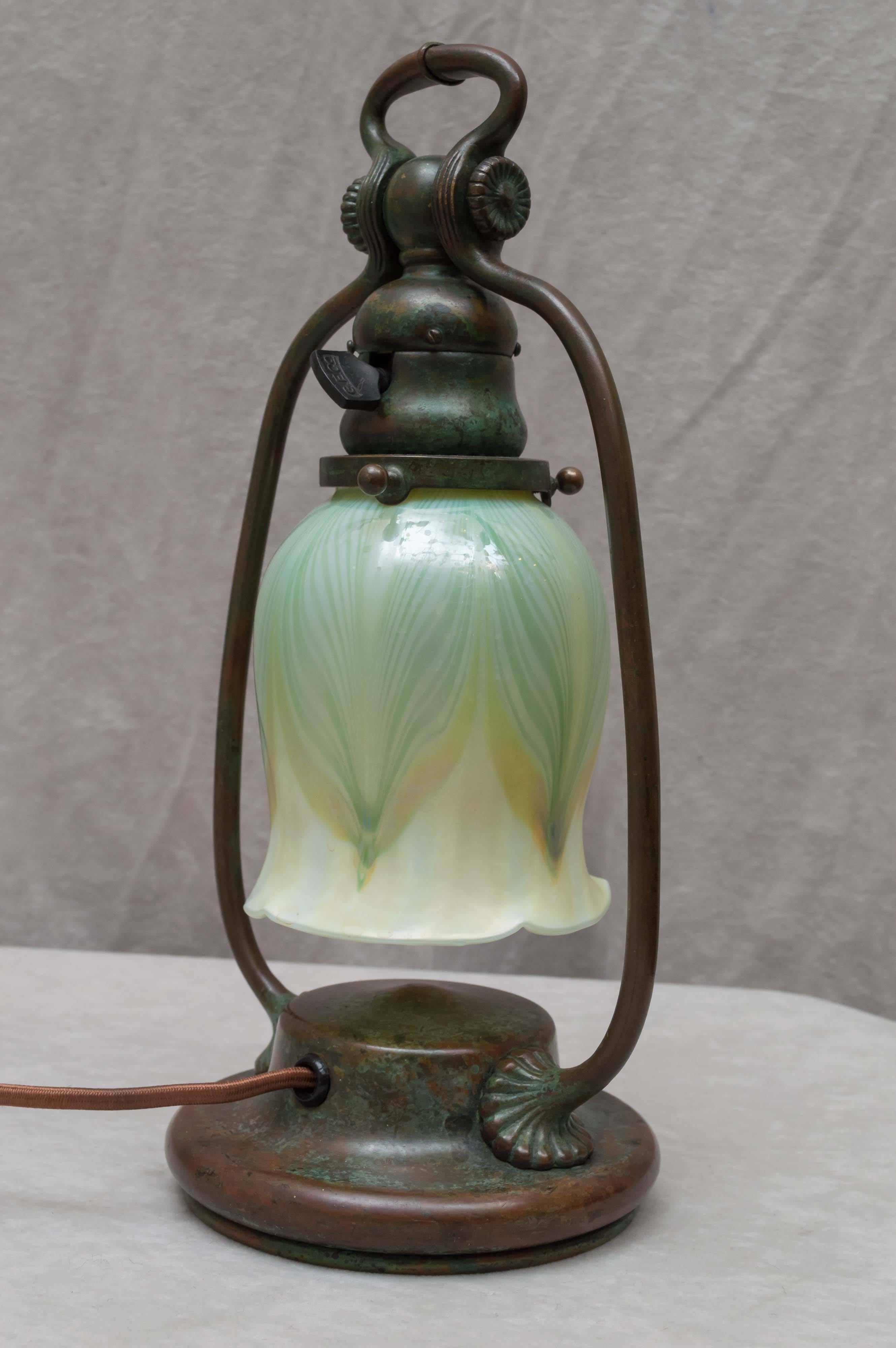 American Signed Tiffany Studios Harp Lamp with Original Pulled Feather Glass Shade