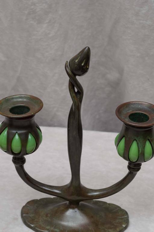 Pair of Signed Tiffany Studios Double Arm Candlesticks at 1stDibs