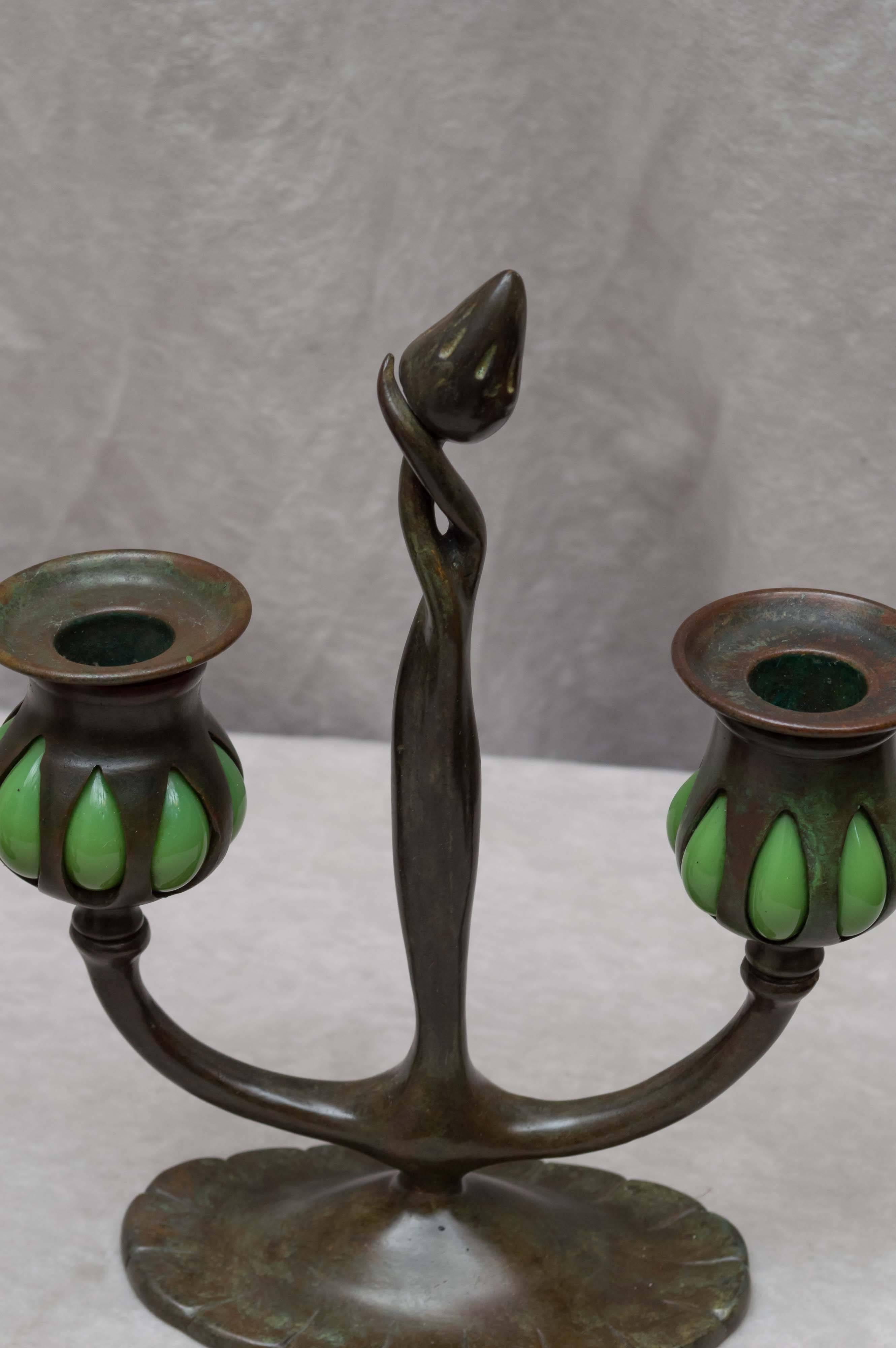 Art Nouveau Pair of Signed Tiffany Studios Double Arm Candlesticks