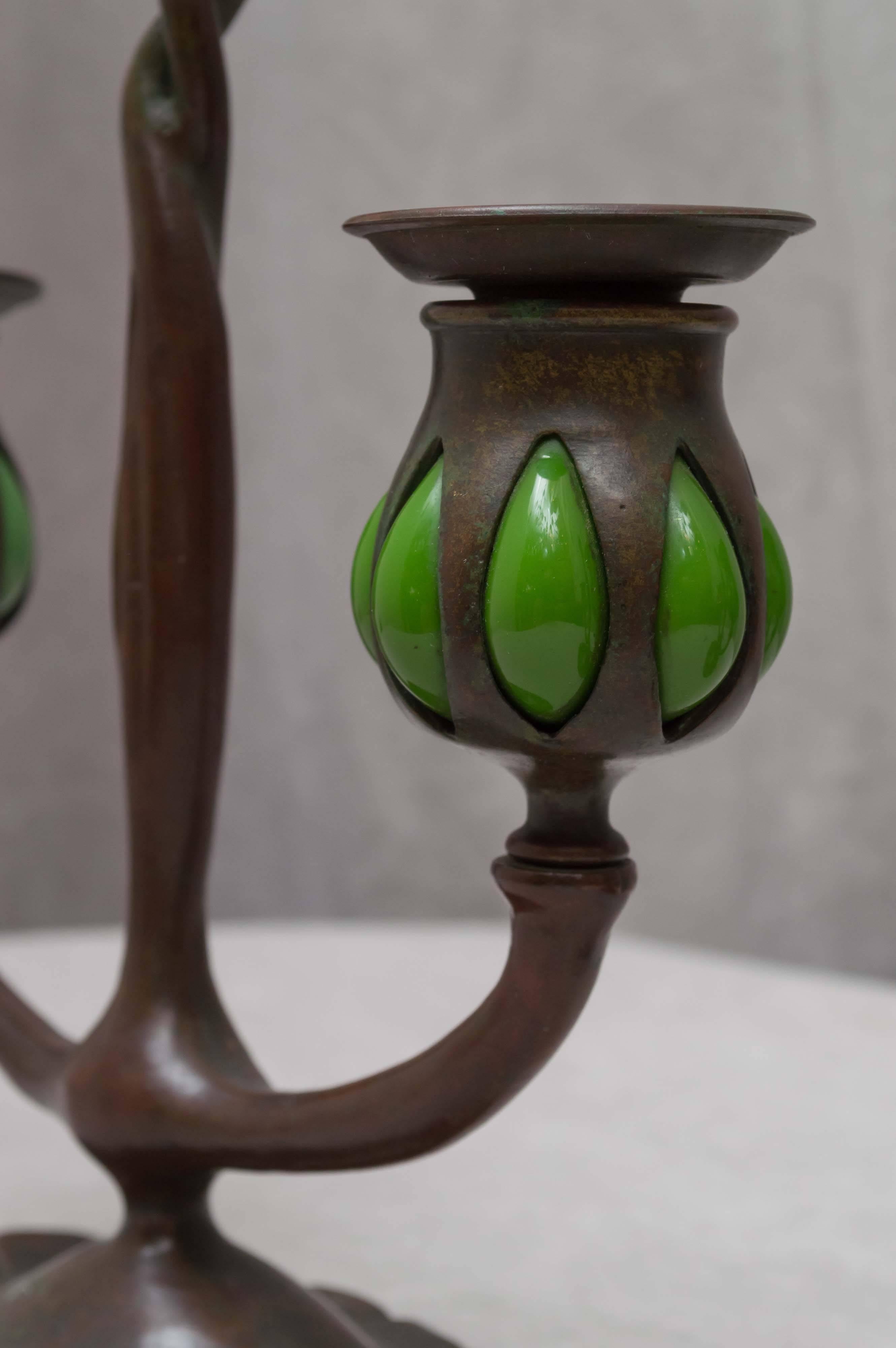 American Pair of Signed Tiffany Studios Double Arm Candlesticks