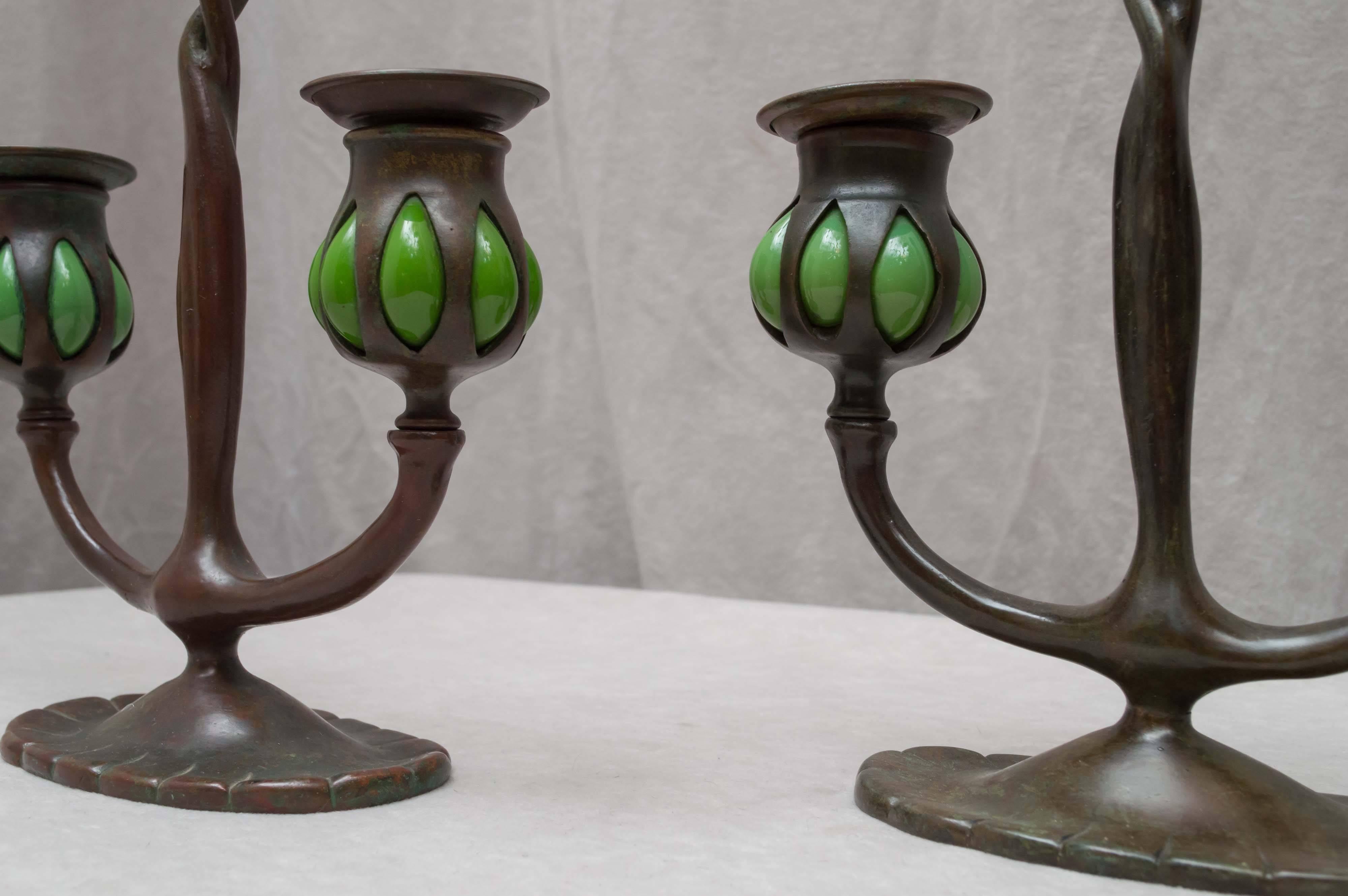 Hand-Crafted Pair of Signed Tiffany Studios Double Arm Candlesticks