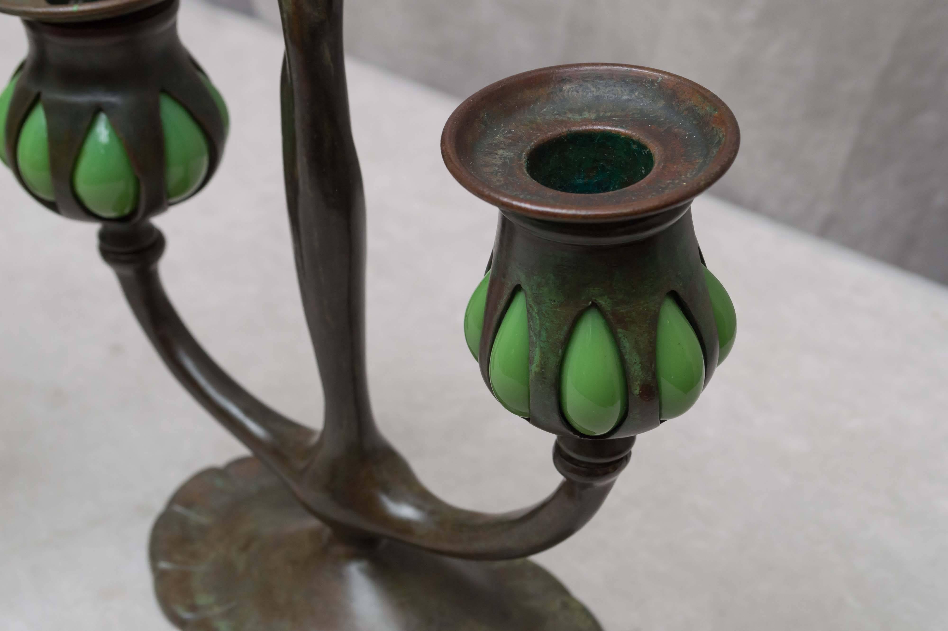 Early 20th Century Pair of Signed Tiffany Studios Double Arm Candlesticks