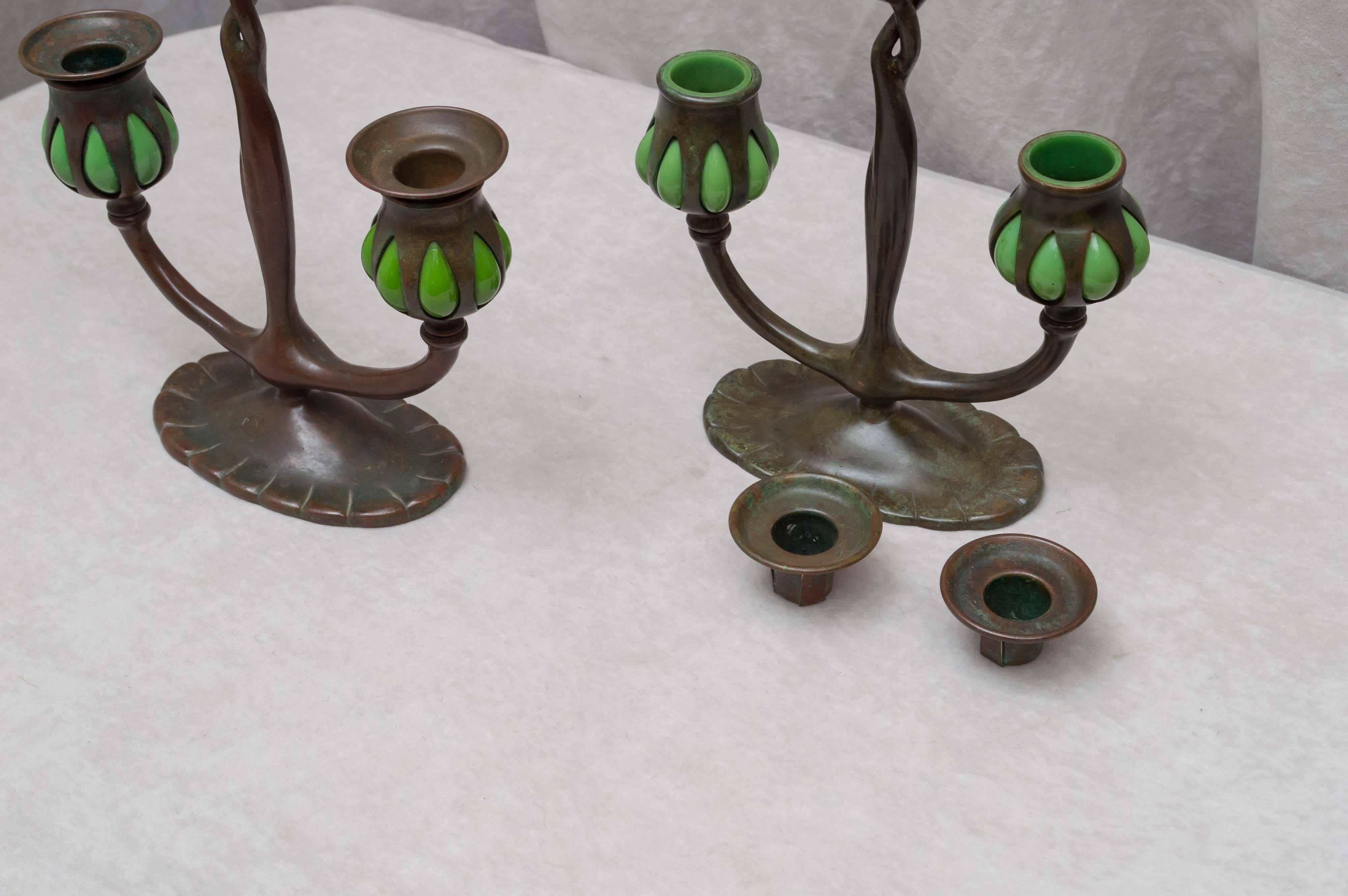 Pair of Signed Tiffany Studios Double Arm Candlesticks 2