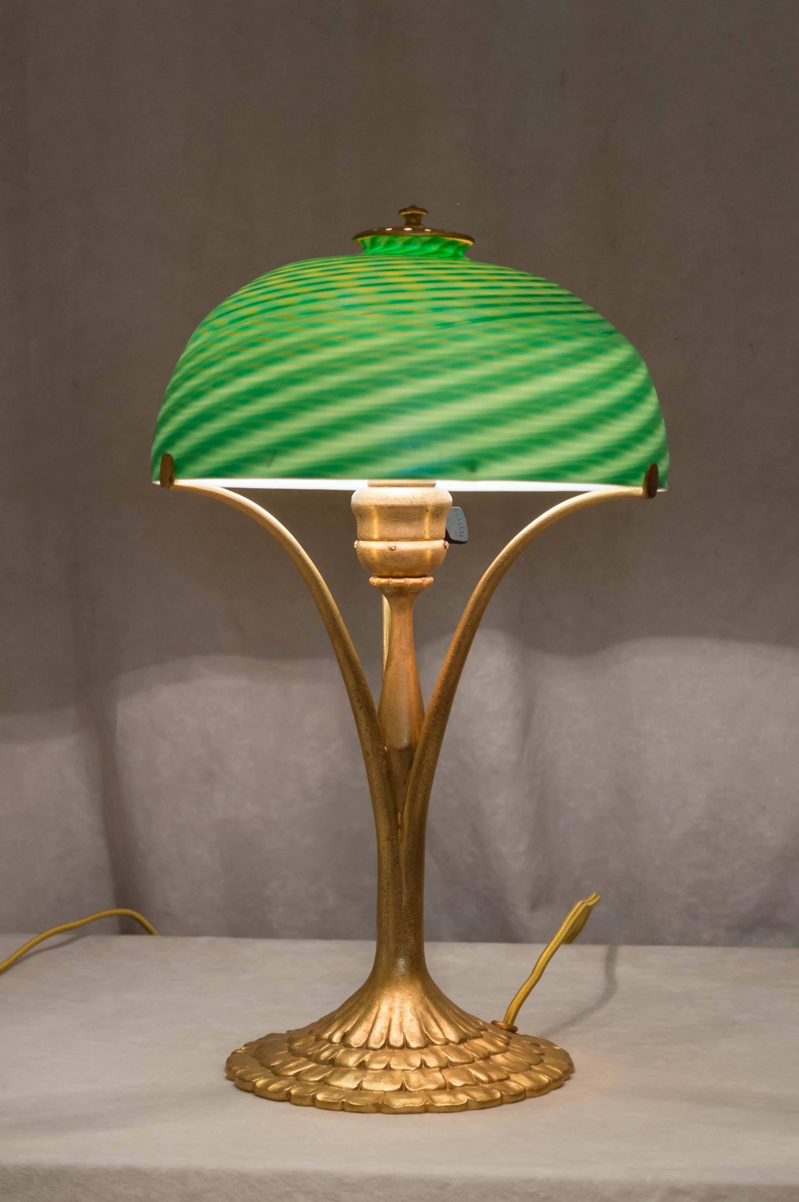Art Nouveau Signed Tiffany Studios Gilt Bronze Base with Damascene Swirl Glass Shade