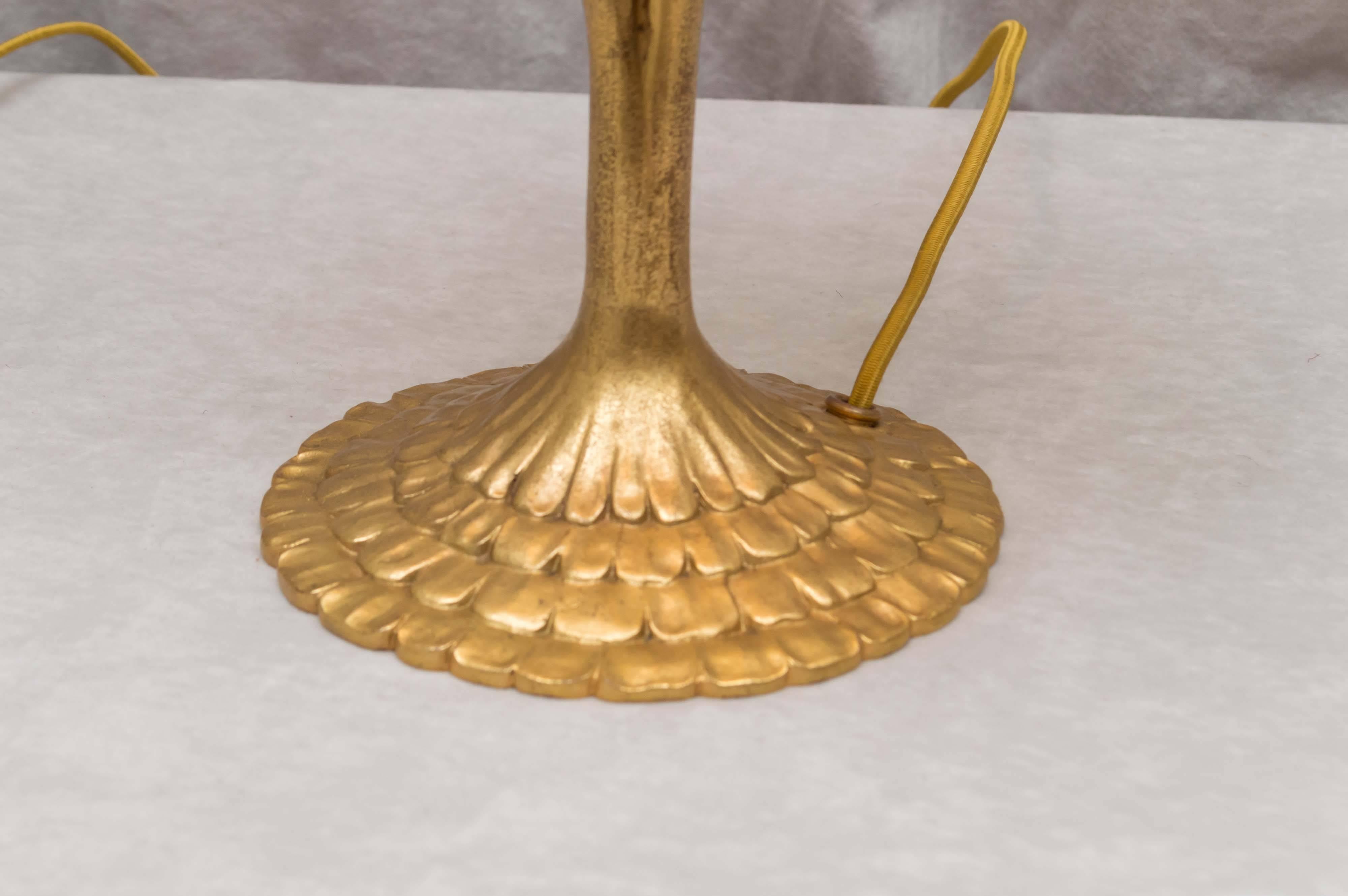American Signed Tiffany Studios Gilt Bronze Base with Damascene Swirl Glass Shade