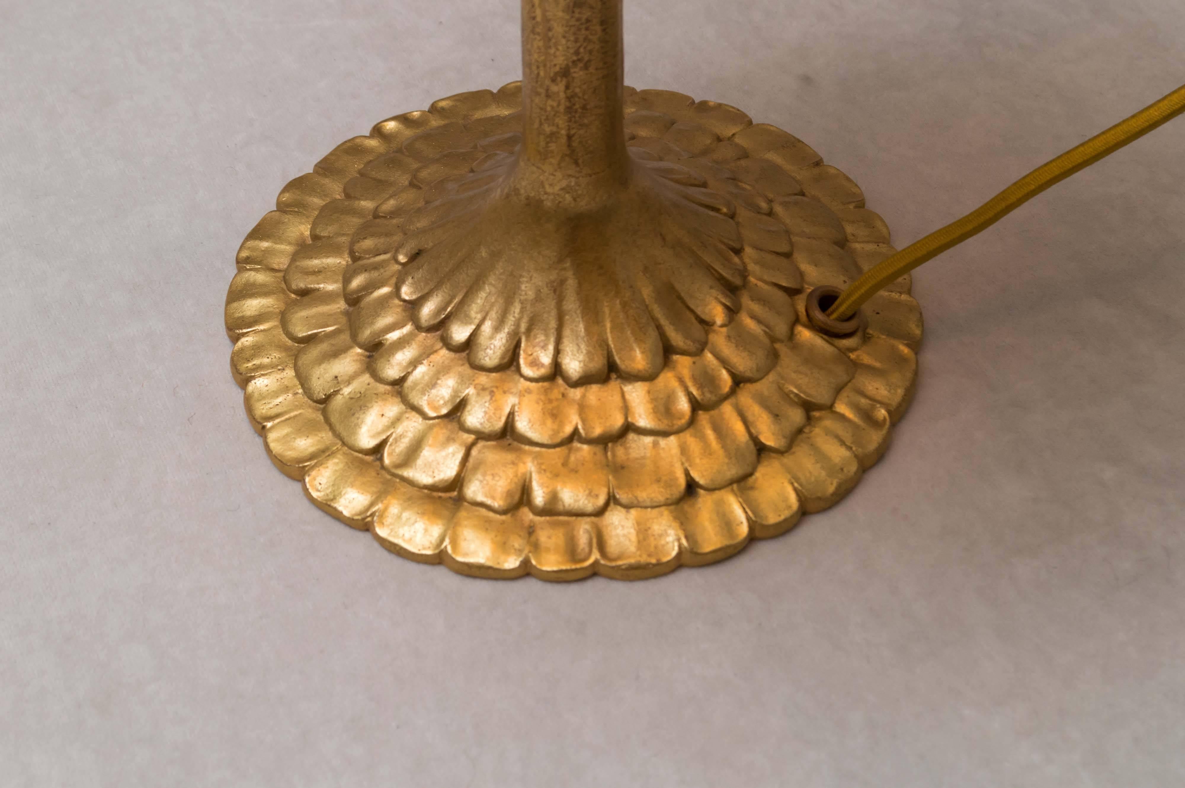 Early 20th Century Signed Tiffany Studios Gilt Bronze Base with Damascene Swirl Glass Shade