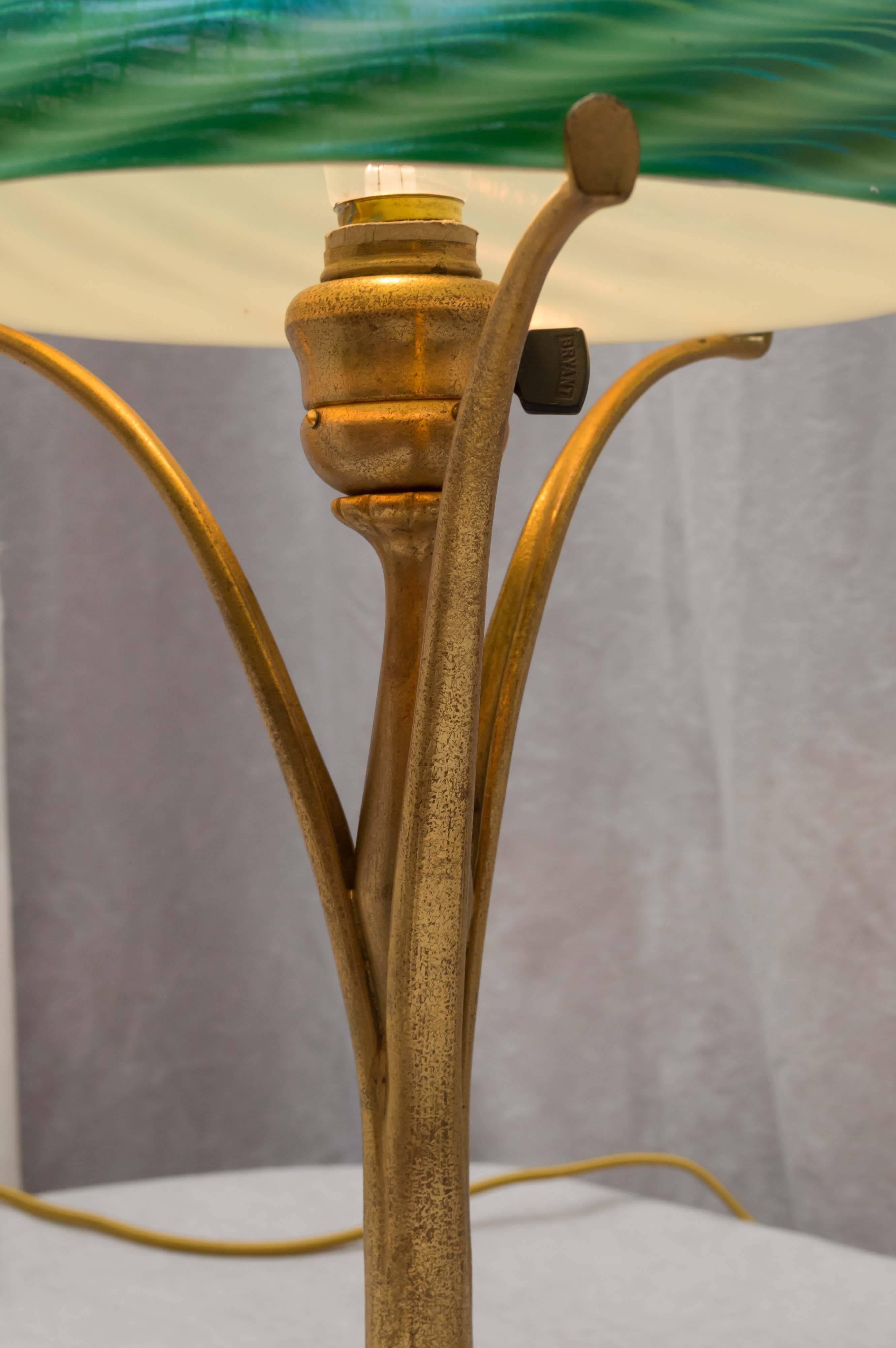 Art Glass Signed Tiffany Studios Gilt Bronze Base with Damascene Swirl Glass Shade