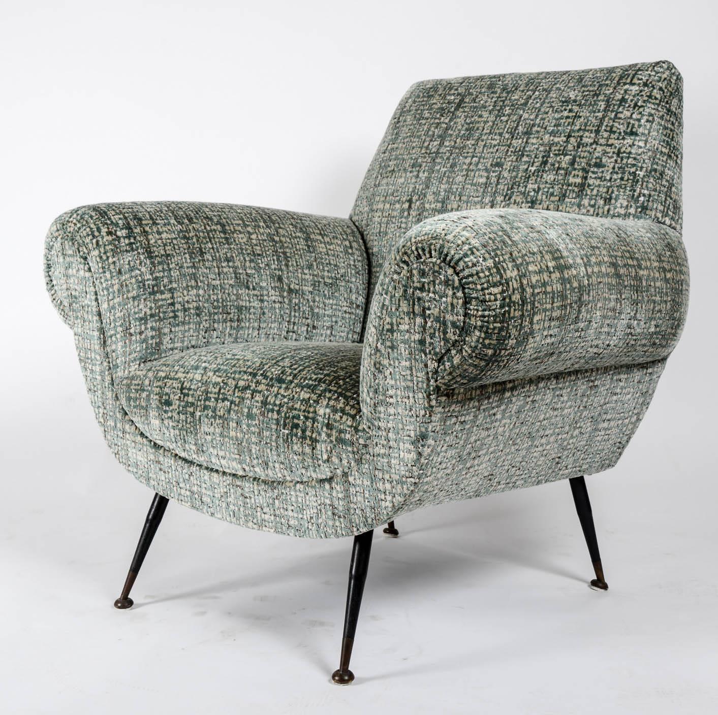 Pair of vintage armchairs by Gigi Radice, newly upholstered with Nobilis fabric.