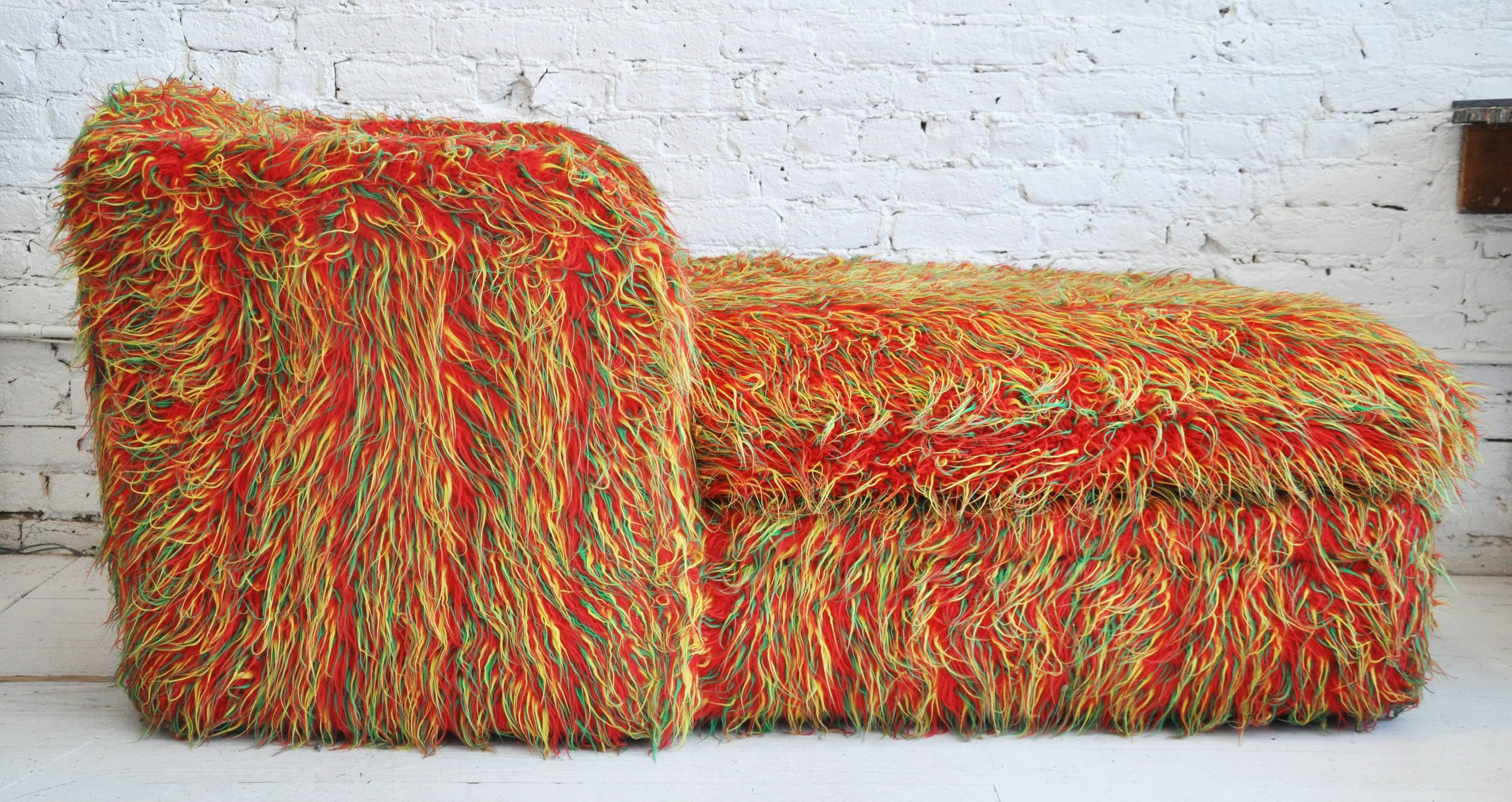 Wrapped in the original 1970s crazy cool furry fabric this chaise sits like a dream. The most comfortable and chic place to sit within any room.