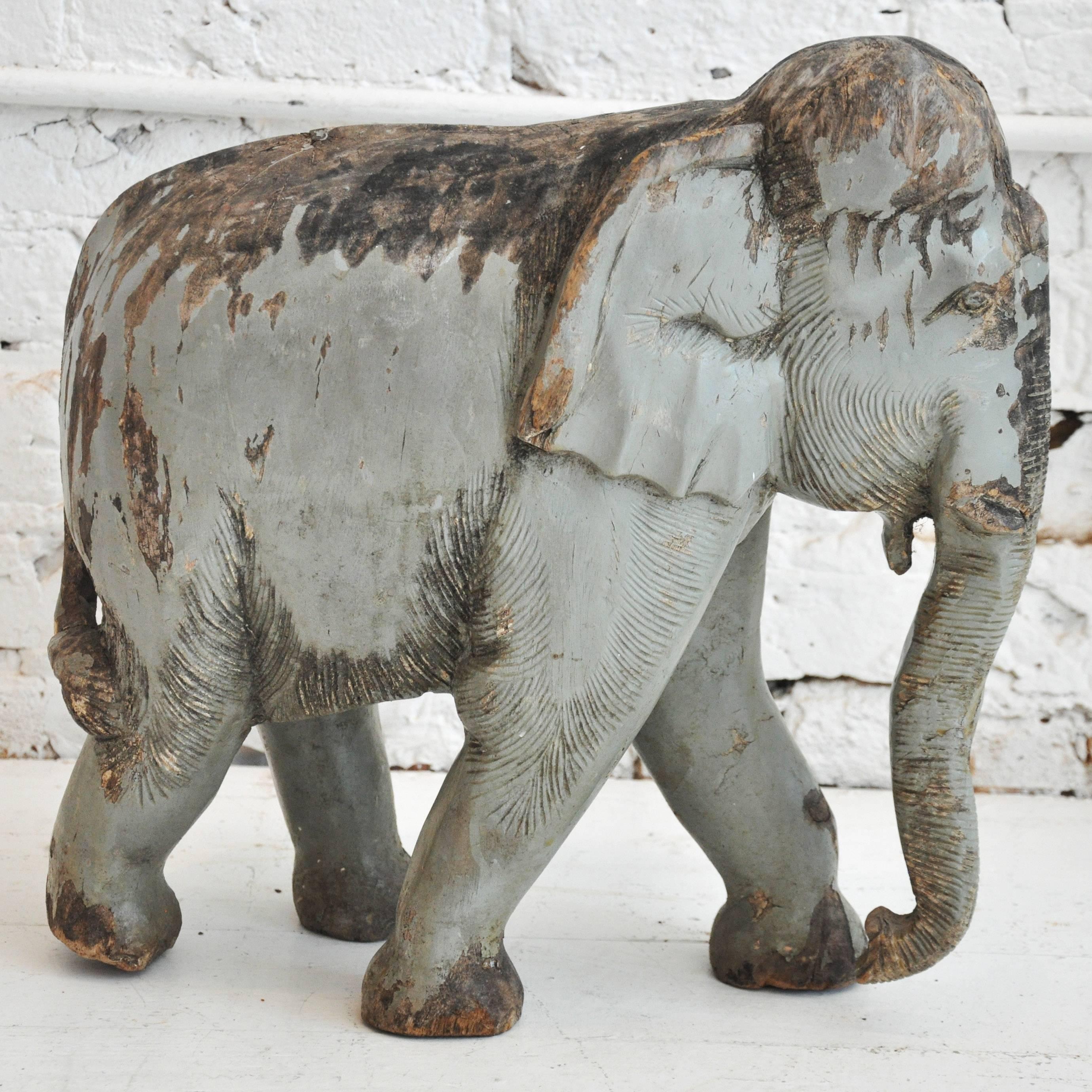 Charming Vintage Carved Elephant In Distressed Condition In Phoenix, AZ