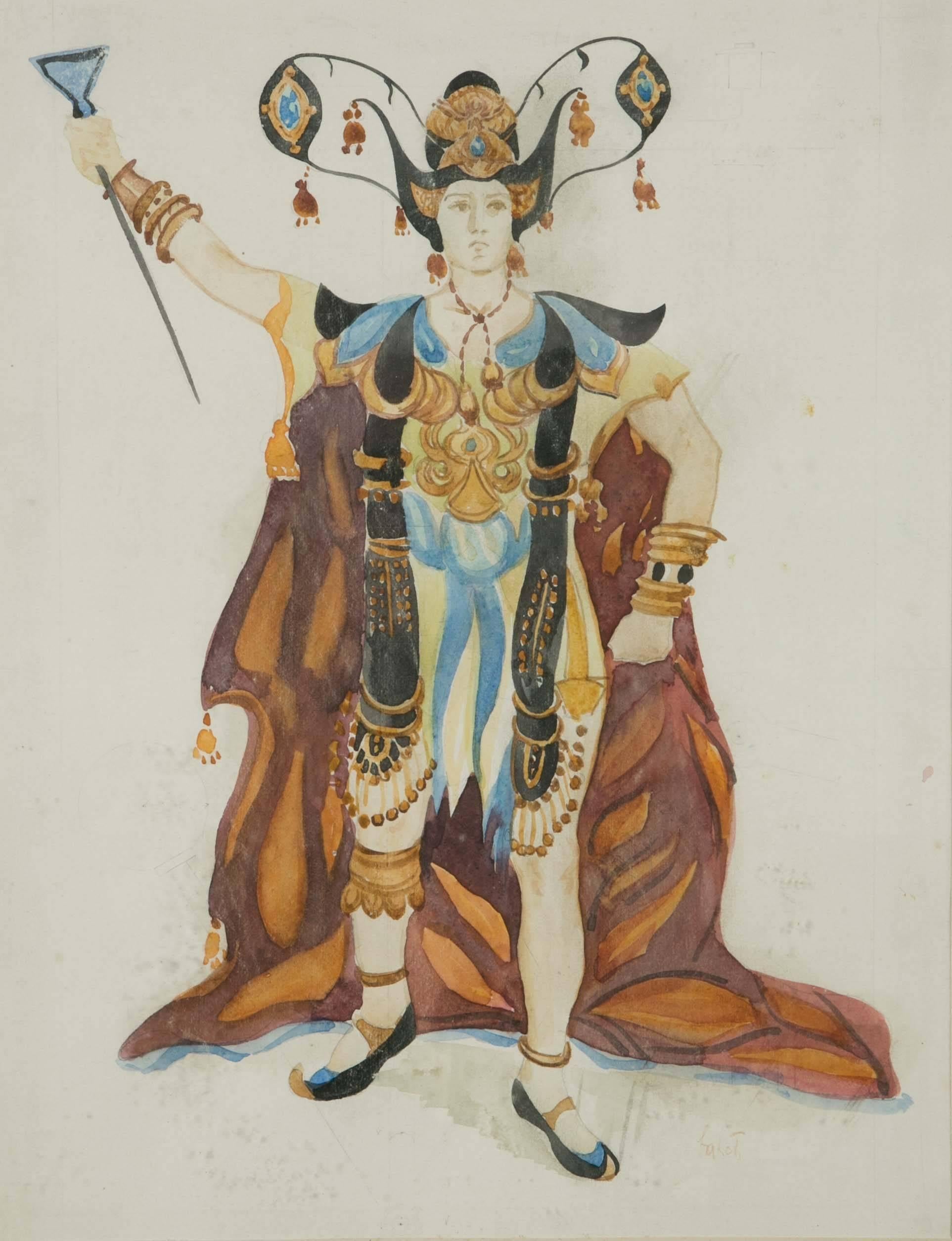 This watercolor is a theatre costume design by Leon Bakst (1866-1924). Bakst is the most famous and sought after theatre and ballet costume designer. In particular he designed most of the costumes for the 