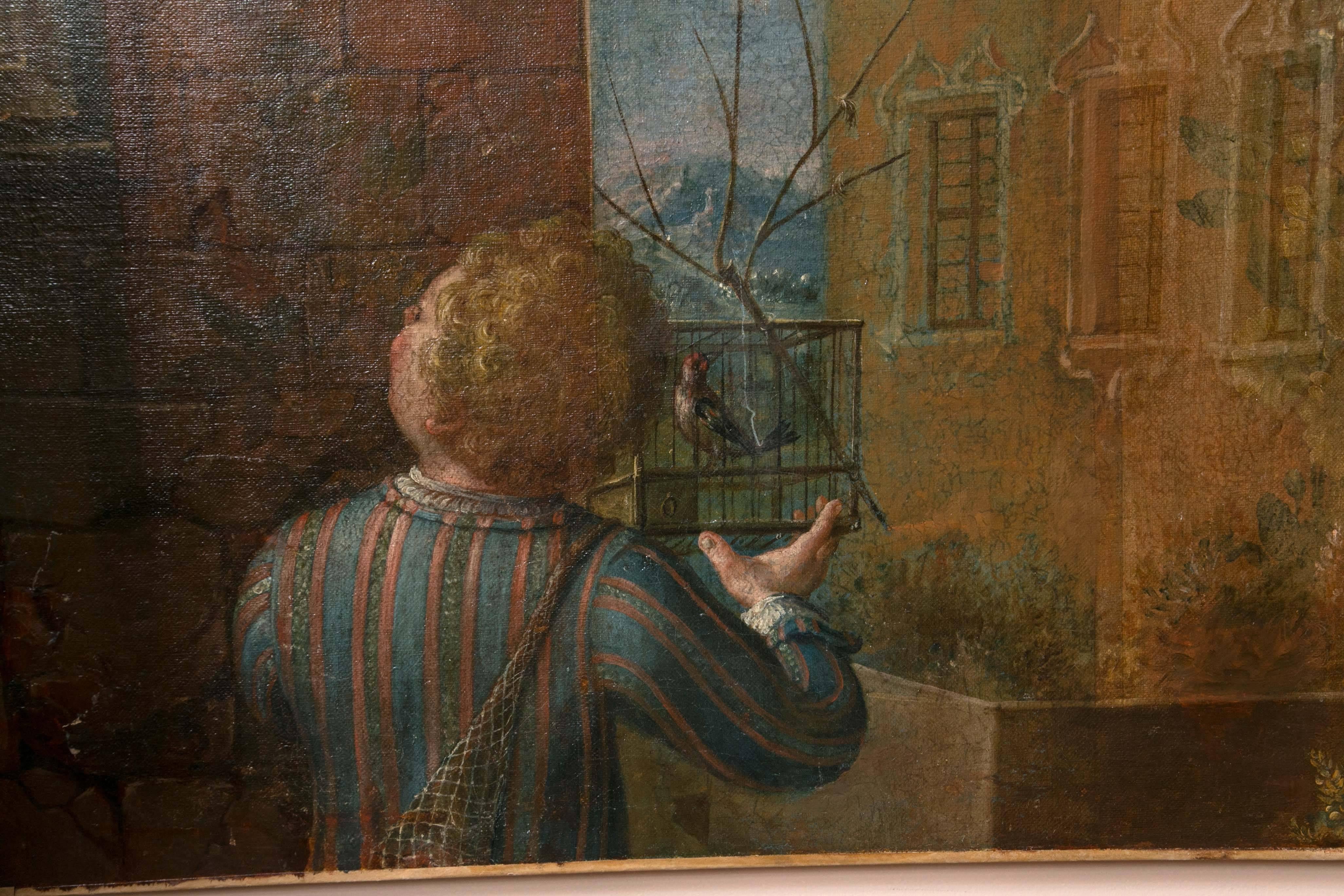 A youth holds a bird cage while looking up other birds. He is surrounded by buildings with crumbling facades, balustrades and statues.
Is he looking to set his bird free or to capture another?