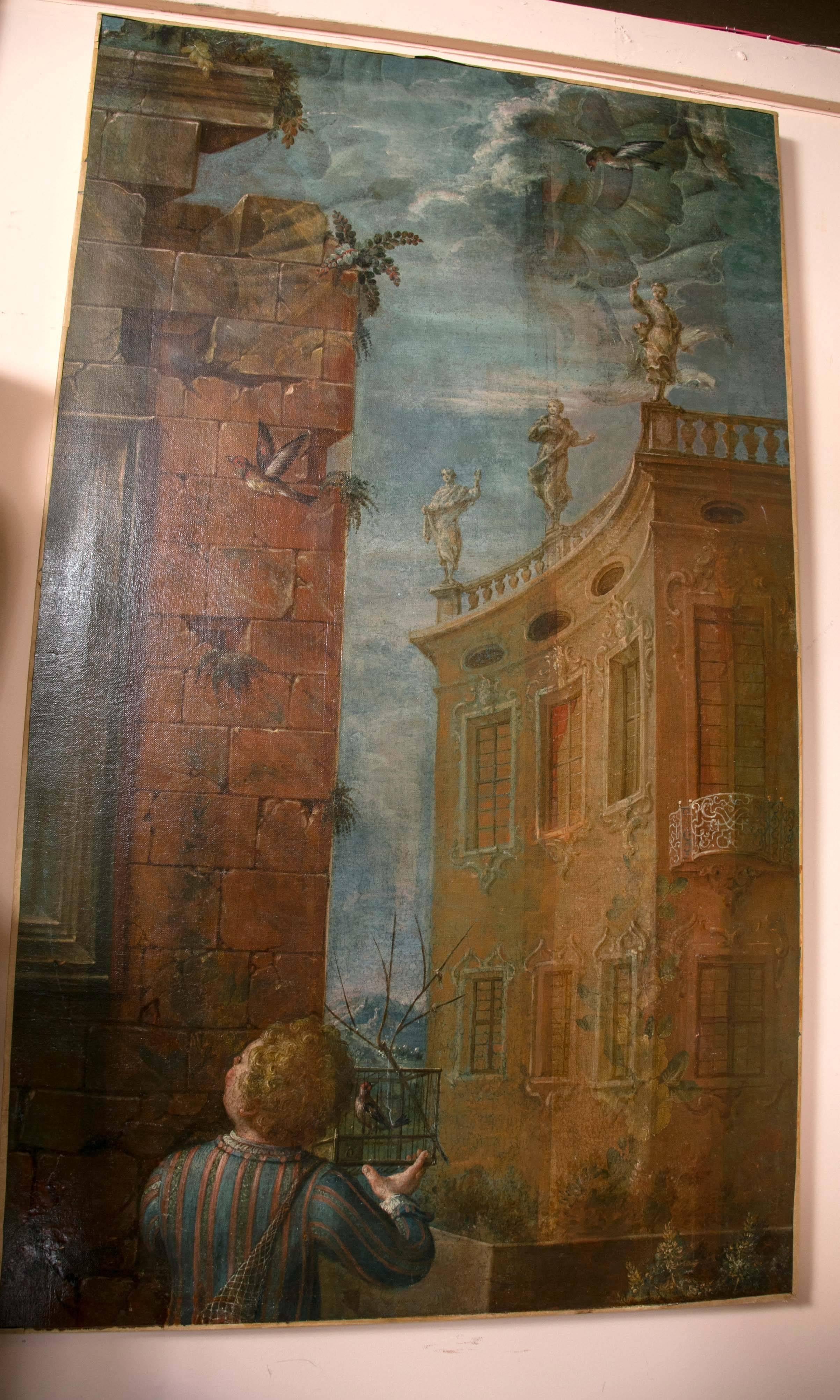 Hand-Painted Oil on Canvas Neoclassical Setting For Sale
