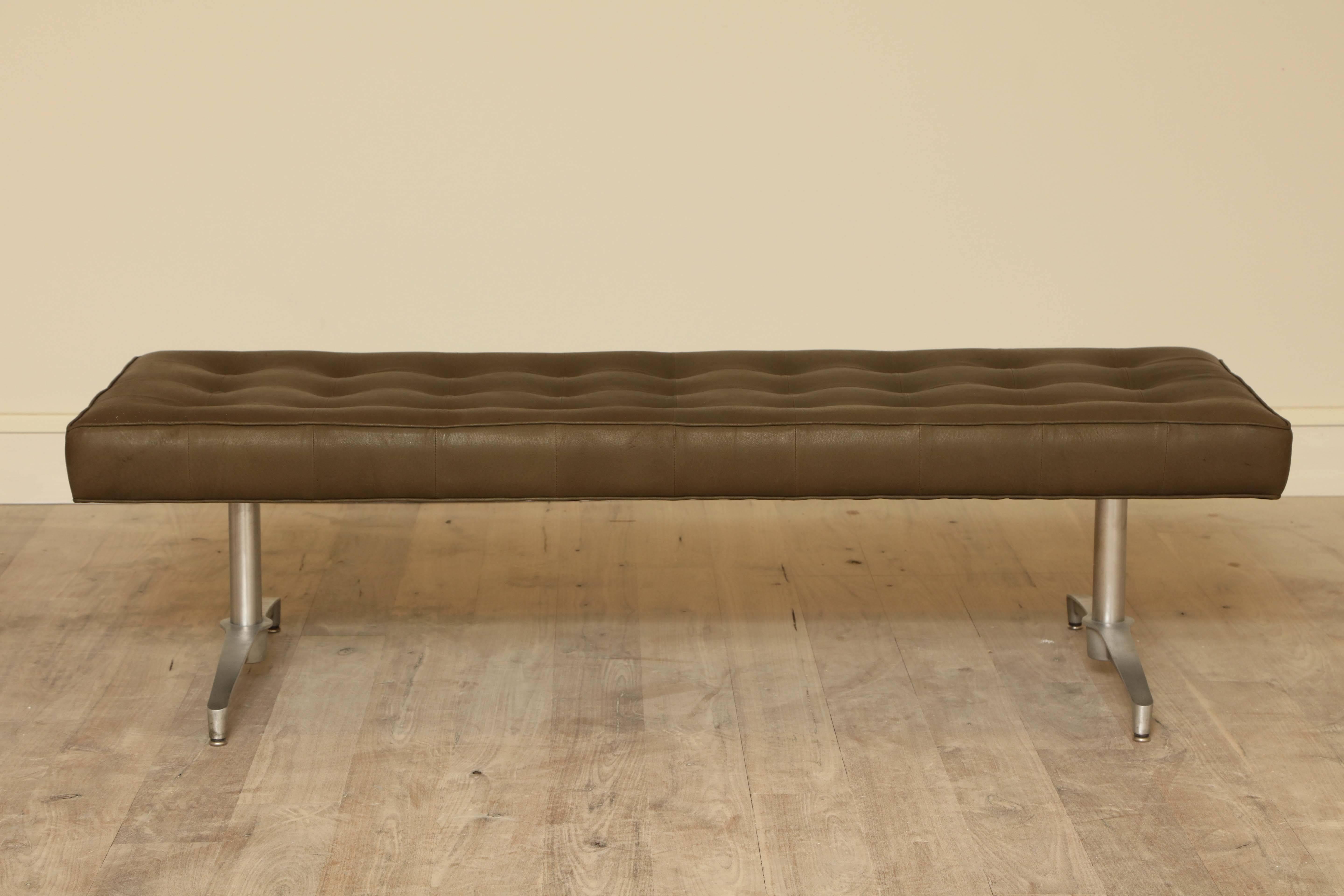 Tufted bench by Shelby Williams, circa 1950 with brushed aluminum legs reupholstered in olive leather.