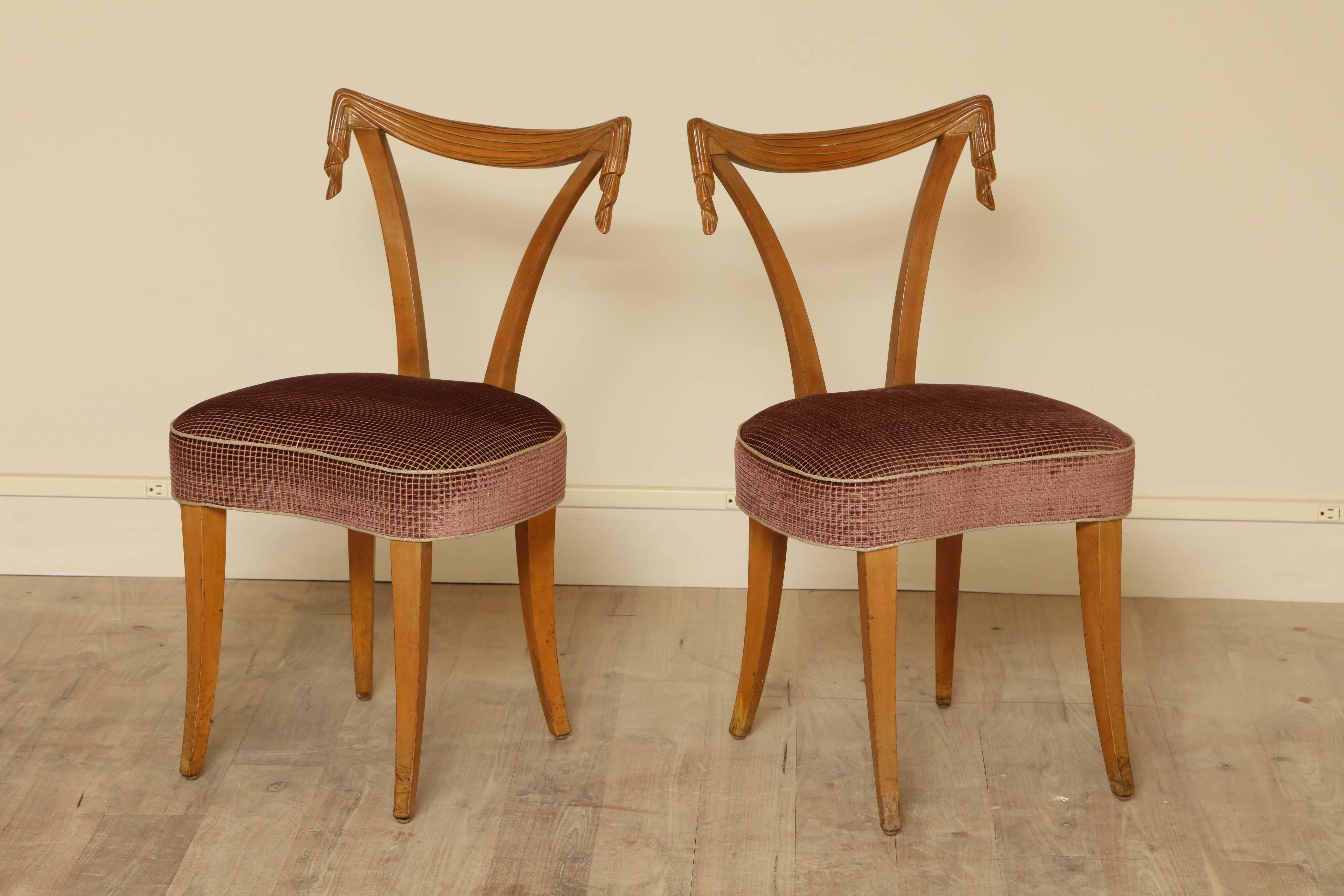 Pair of carved side chairs by Grosfeld House circa 1940 upholstered in merlot Roberto velvet by Thomas O'Brien with silk welt.