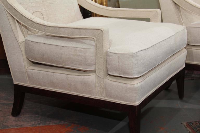 Pair of MidCentury Chairs and Ottomans in Homespun at 1stDibs