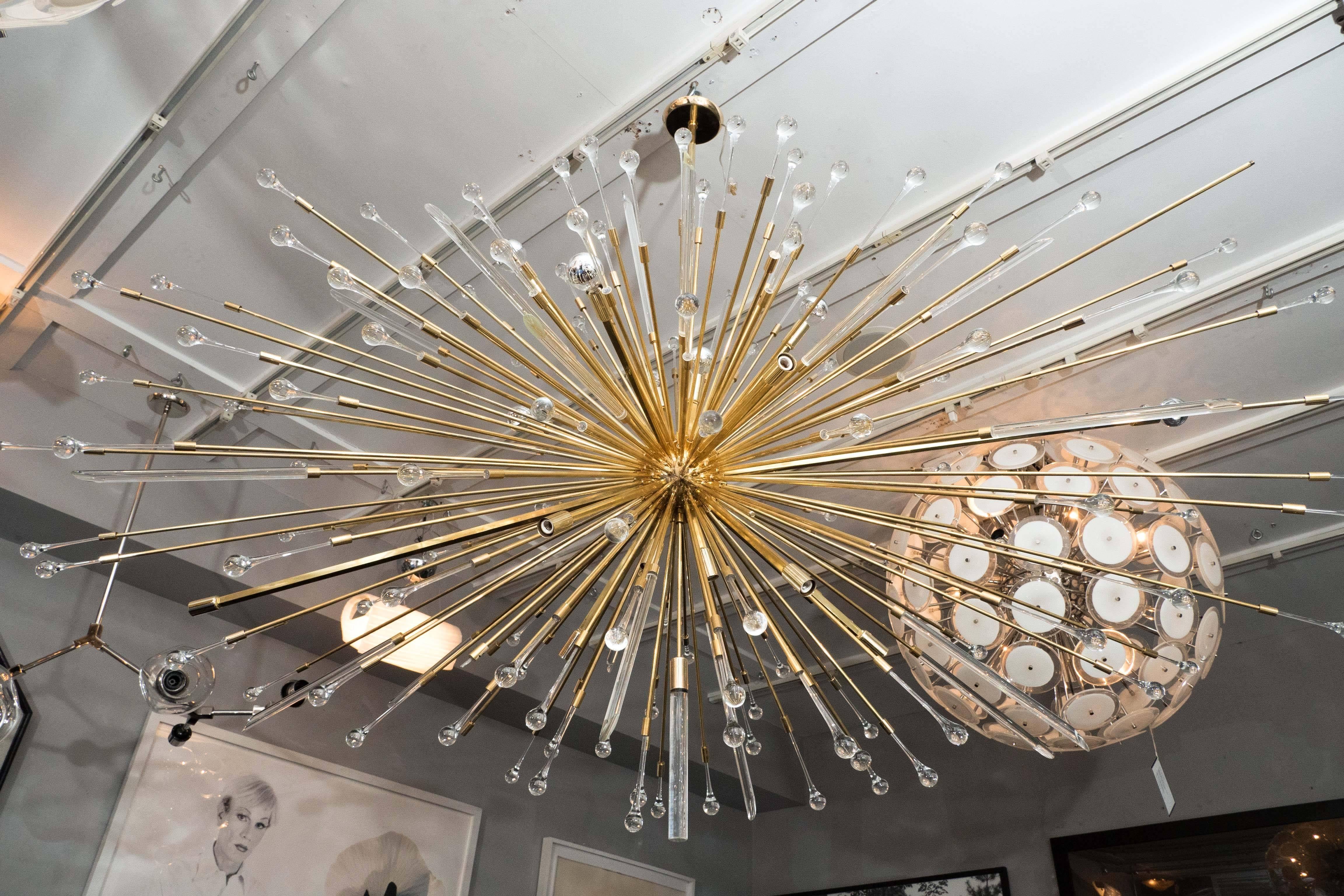 Custom giant glass teardrop and rod Sputnik chandelier in brass finish. Customization is available in different sizes, finishes.