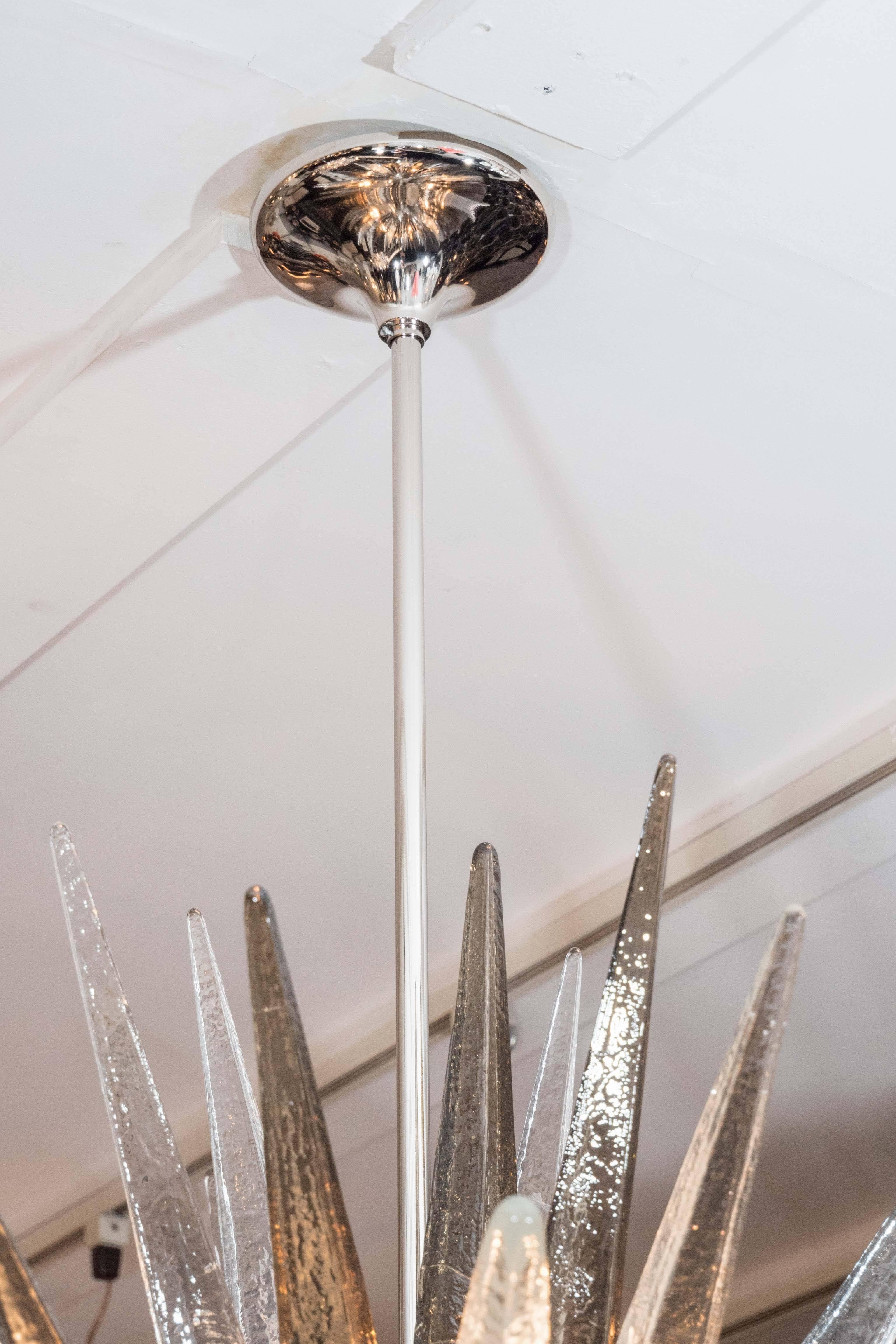 Italian Clear and Smoke Murano Glass Spike Sputnik Chandelier in Polished Nickel For Sale